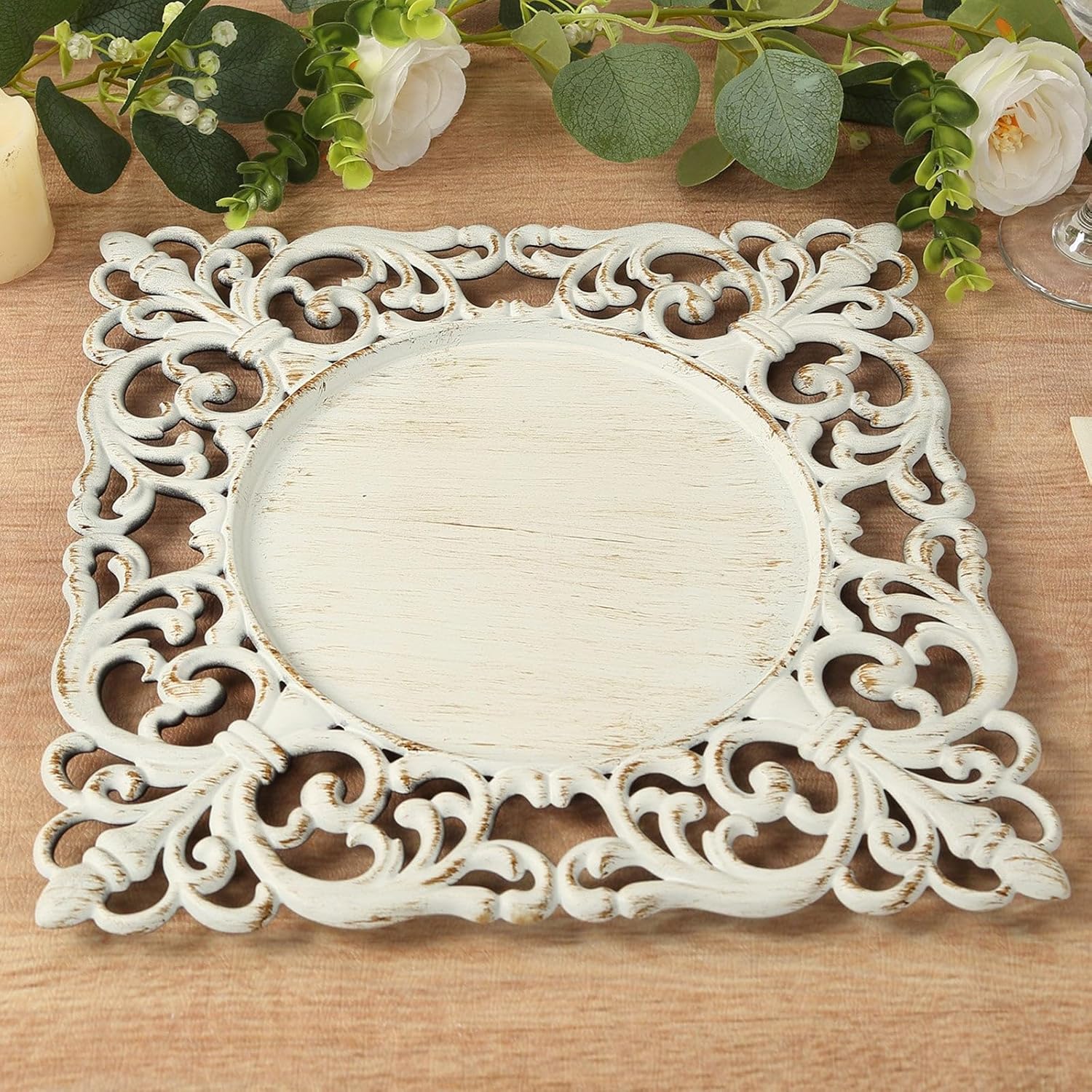 Efavormart 6 Pack Whitewashed Square Acrylic Charger Plates with Hollow Lace Border, Dinner Chargers Event Tabletop Decor - 12"