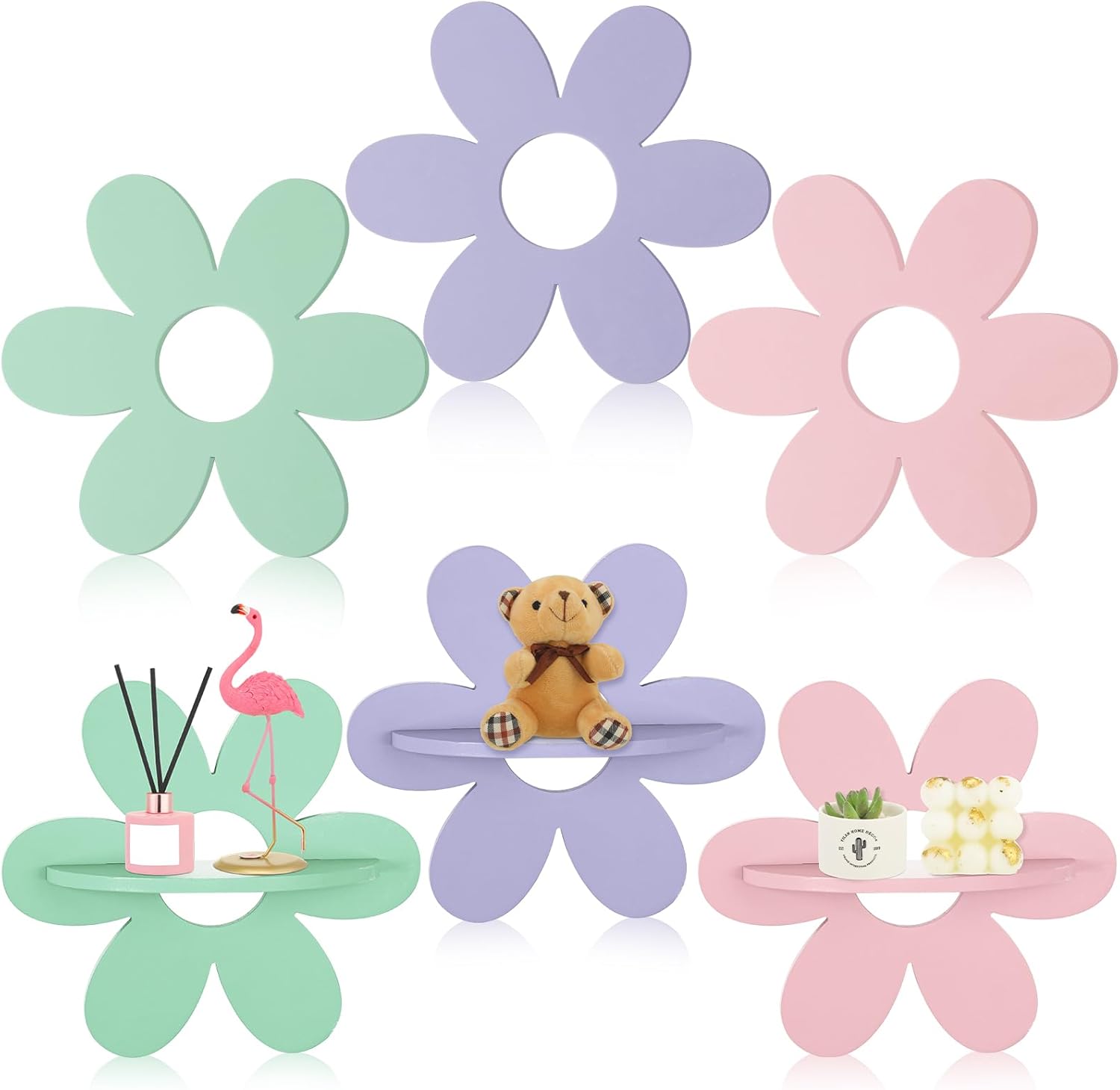 6 Pcs Daisy Flower Shaped Wall Floating Shelves, Small Cute Wooden Flower Shelf Wall Decor for Girls Bedroom, Nursery, Dorm and Living Room, Colorful Funky Kawaii Aesthetic Room Decor
