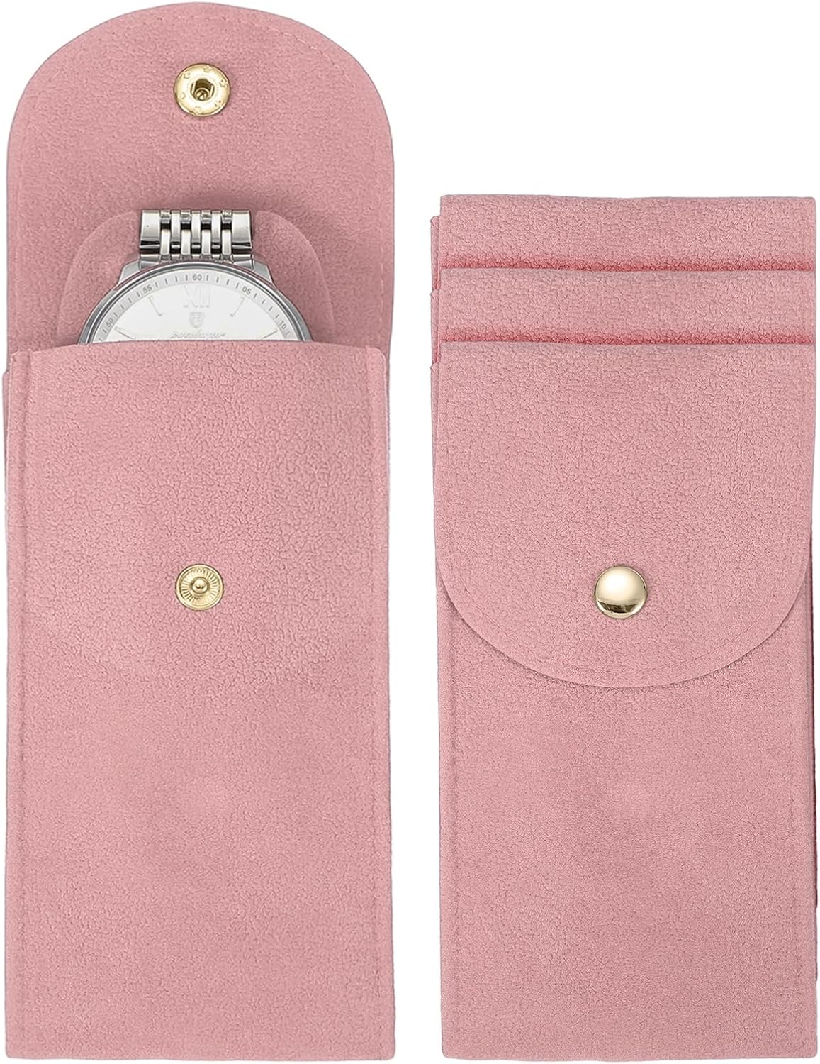 4 Pcs Velvet Watch Pouch, 5.1 x 2.8 Inch Portable Travel Case Jewelry Storage Bag Single Watch Storage Pouch for Men and Women with Snap Button for Travel Home, Pink