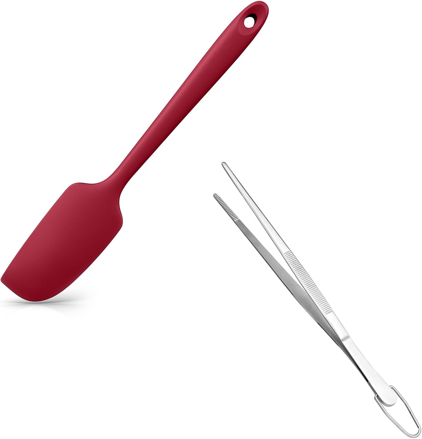 Small Mini Silicone Spatula: 9×2inch 600ºF Heat-Resistant Food-Grade Jar Scraper (Red) and 8in Kitchen Plating Tweezer: 18/8 Stainless Steel Food-Grade Metal Food Tong (Pointed Tip)