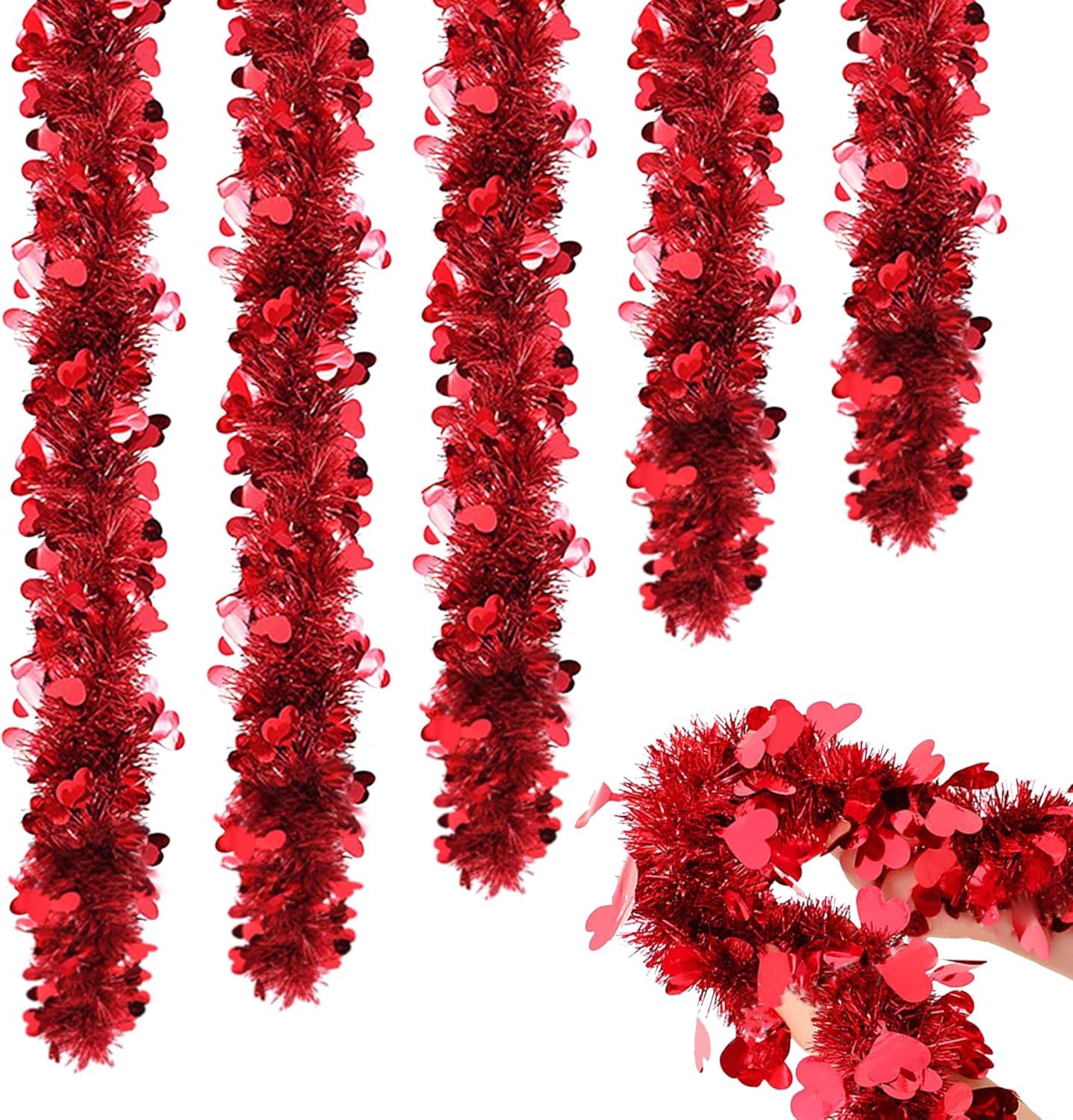 5Pcs 33Ft Valentine's Day Tinsel Garland, Red Heart Metallic Tinsel Twist Garland Shinny Hanging Heart Garlands for Tree Mantle Home Office Decor Wedding Anniversary Party Indoor Outdoor Decorations