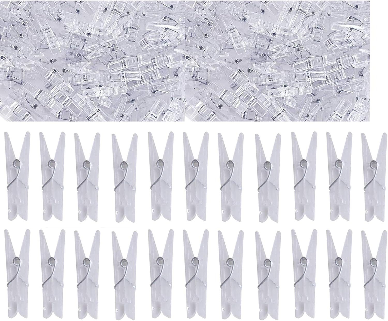 Yansanido 100pcs Mini Clear Plastic Utility Paper Clip, Clothespins Clips, Clothes Line String Clips, mini Clothes Pins for Photo for String Fairy Lights Color Clear(100pcs Clear Plastic Clips)