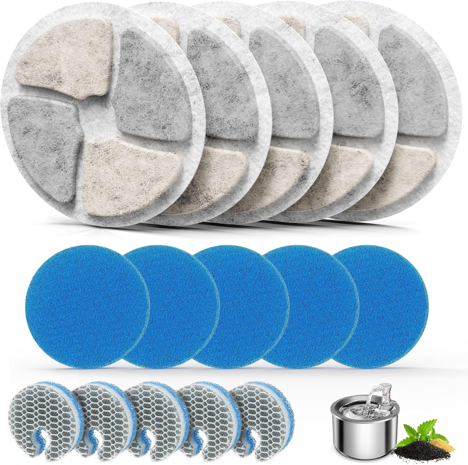 Stainless Steel Cat Water Fountain Filters, 5 Pack Replacement Filters Fit for Round 2L/67oz Automatic Pet Fountain, Filter with Triple Filtration System (5+5+5)