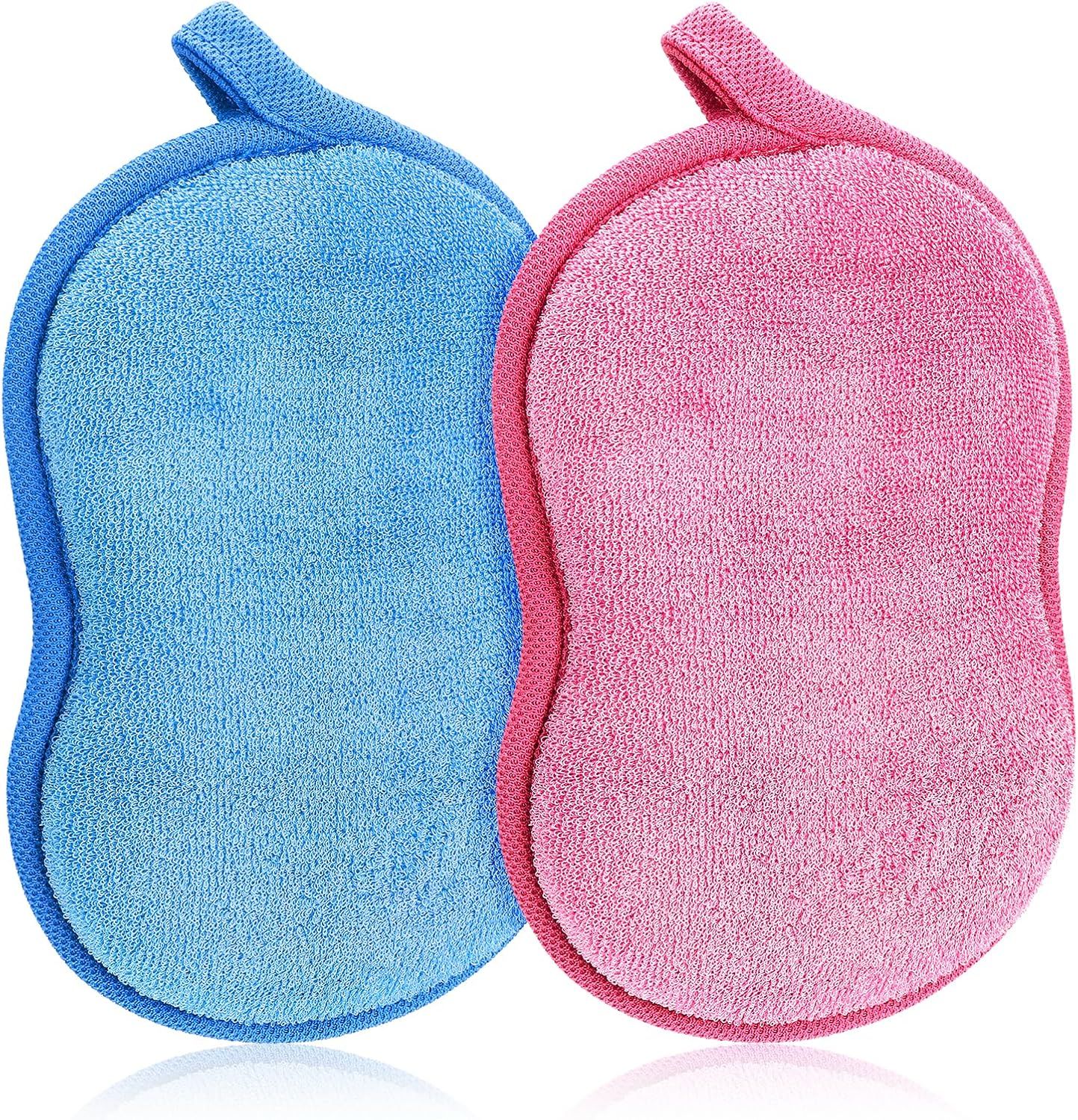 2Pcs Soft Bath Sponge, Cotton Shower Sponge Absorbent Gentleness Exfoliating Body Scrubber Shower Skin Friendly Comfort Bathing Tool for Men Women All Skin Type (Blue,Pink)