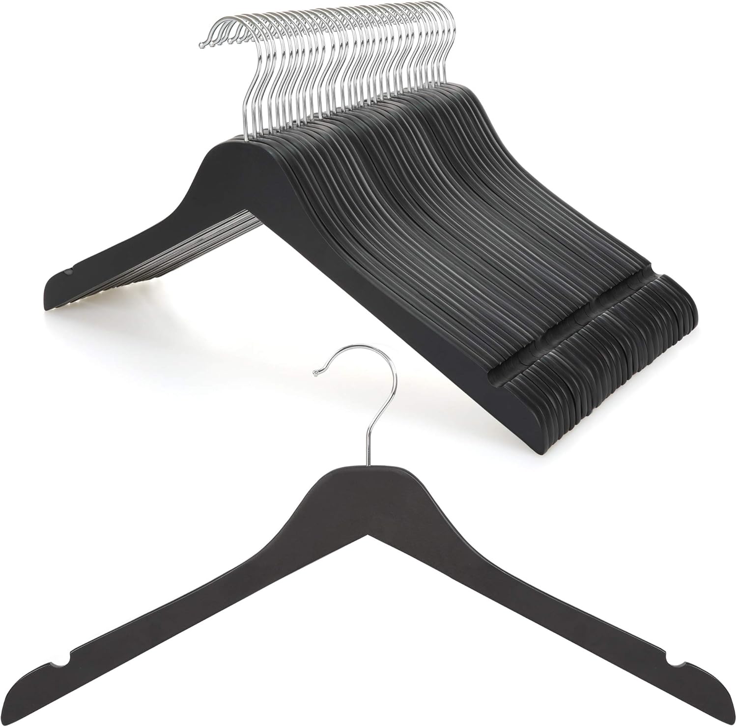 TOPIA HANGER Black Wooden Hangers 30 Pack, 0.28-inch Thick Slim Wood Clothes Hanger with Flat Design and Smooth Notches, Lightweight Space Saving Hangers for Shirt, Coat, Camisole-CT31B