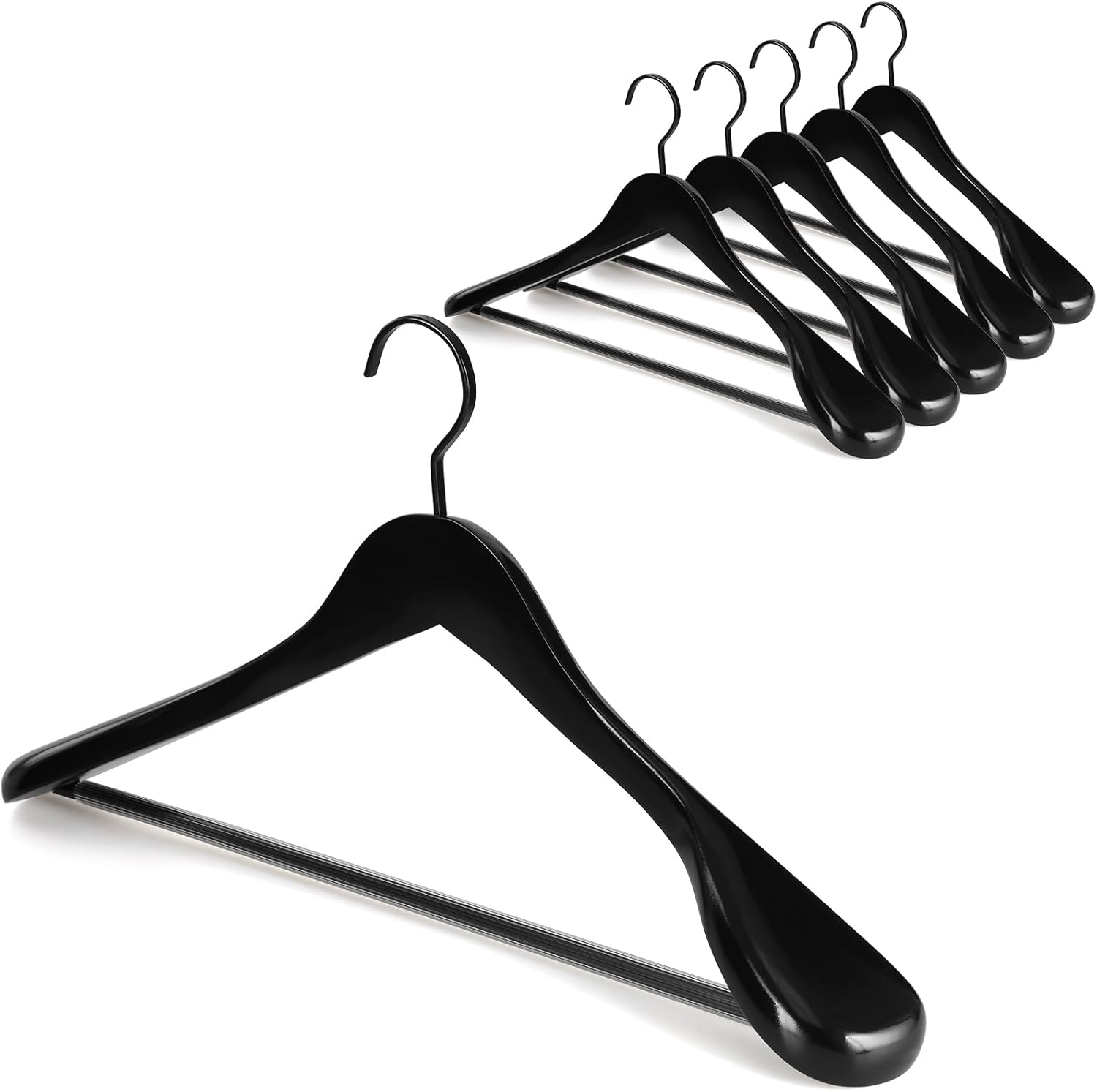 TOPIA HANGER Black Wooden Coat Hanger 6 Pack, Wide Shoulder Wood Suit Hangers with Extra-Thick Flat Hooks & Anti-Slip Pants Bar, Heavy Duty Clothes Hangers,Glossy Finish, Black-CT02H