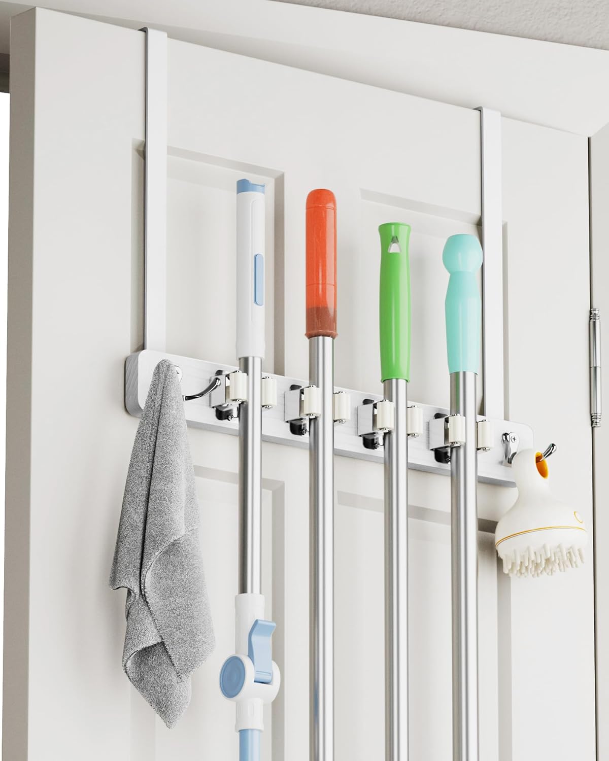 Over the Door Broom Holder, Mop and Broom Holder Door Mount, Hanging Organizer with 4 Racks & 2 Hooks, Wooden Hanger Storage Decor, Laundry Tool Organizer for Closet Garage, No Drills