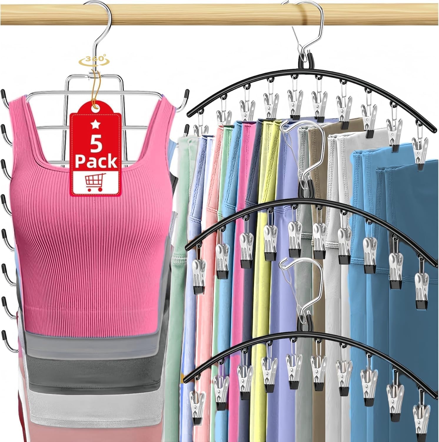 5 Pack Legging Organizer for Closet Hanging, 3 Pants Leggings Hangers with 30 Clips, 1 Tank Top Hanger, 1 Metal Magic Space Saving Hangers Closet Organizers and Storage for Pants Skirts Bra