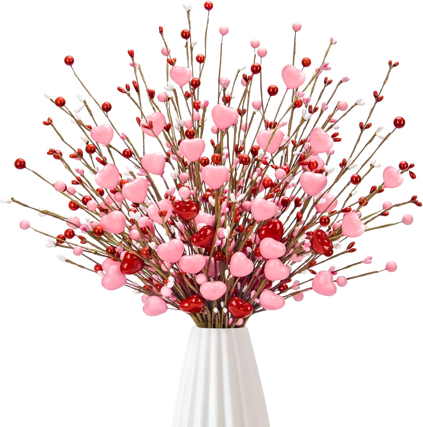 Valentines Day Decorations, Valentine Artificial Flowers Picks Pink Red Heart Shaped Berry Stems Valentines Day Gifts for Home Wedding Candlelight Dinner Anniversary Birthday Party Office Table Decor