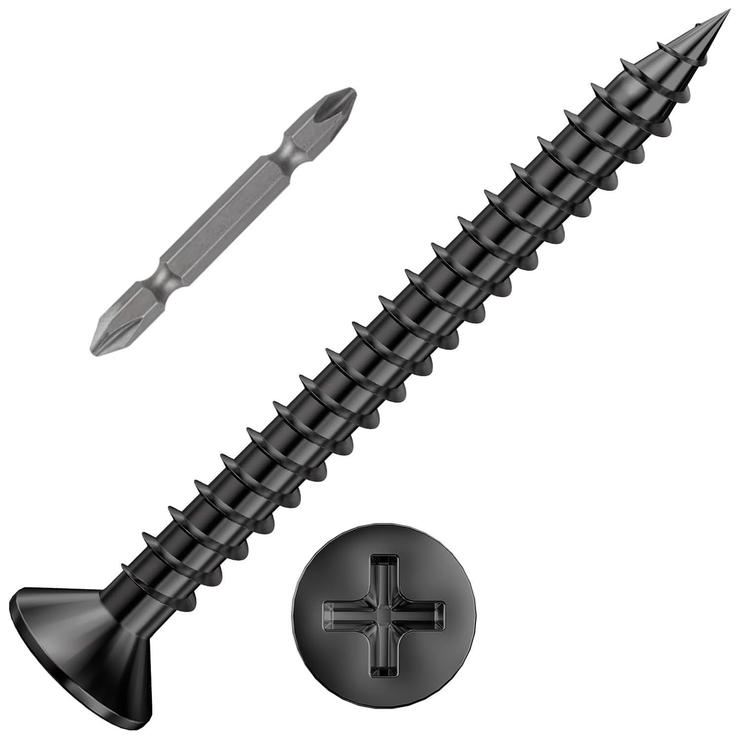 (300Pcs) #8x1-1/2 Black Wood Screw Quick Metal Self Tapping Flat Head