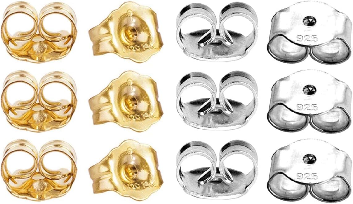 14K Gold 925 Sterling Silver Earring Backs Pierced Earring Backing Hypoallergenic Butterfly Ear Stud Backs for Studs (6 pcs 14K Gold, 6 pcs 925 Sterling Silver)