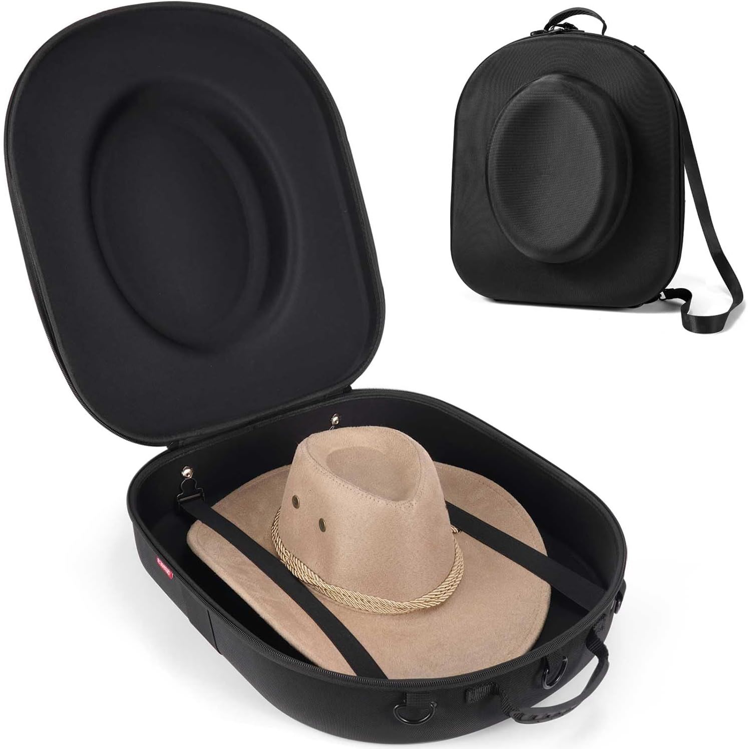 Hard Shell Cowboy Hat Case for Travel, Universal Fedora Hat Box Storage Organizer with Elastic Luggage Strap, Crush-Proof Protective Hat Carrier Bag for Large Brim Hats Men Women