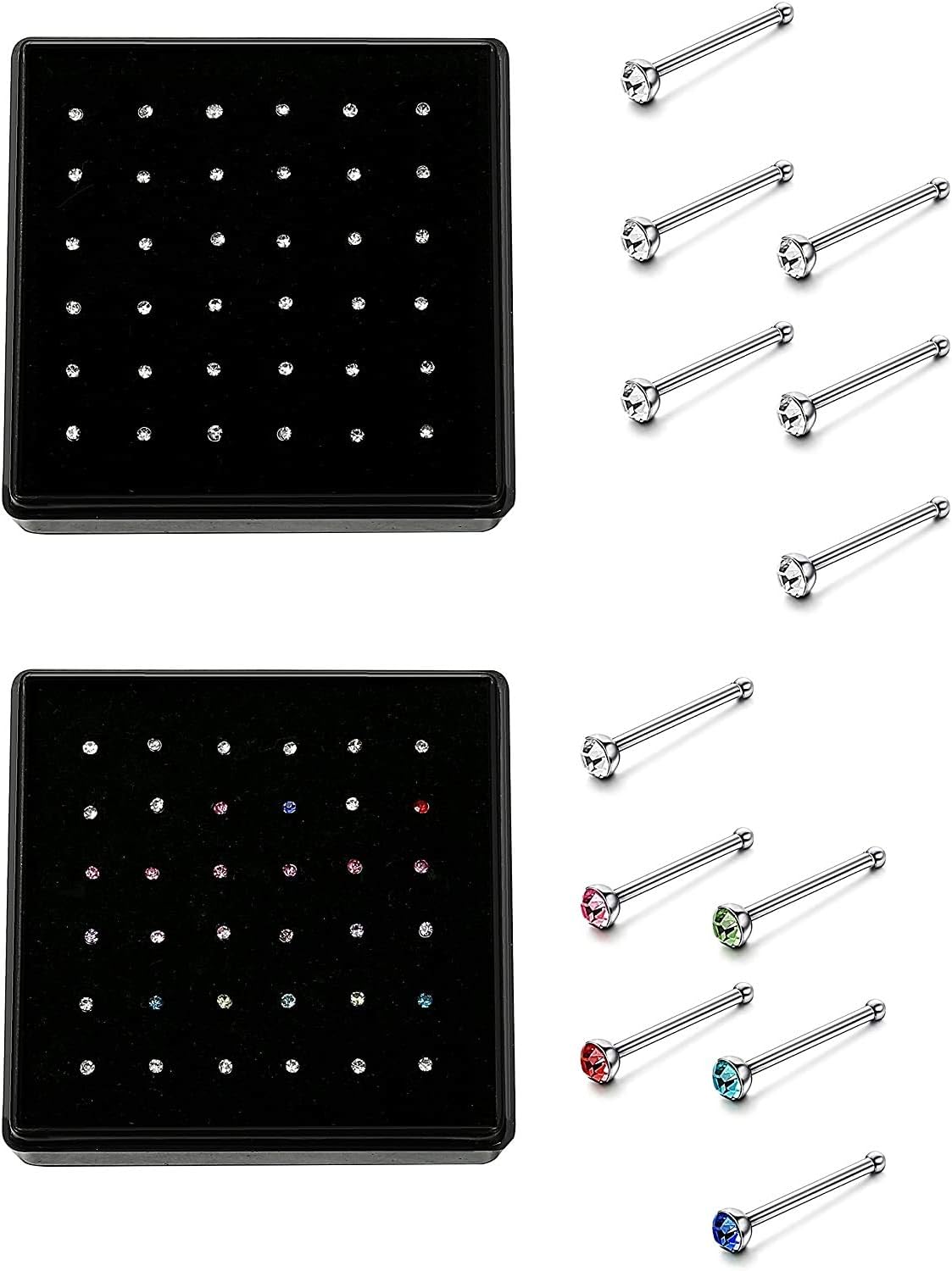 72pcs 22G Nose Studs Stainless Steel Nose Rings Studs Colorful CZ Nose Pin Piercing Jewelry Box Set for Women Men