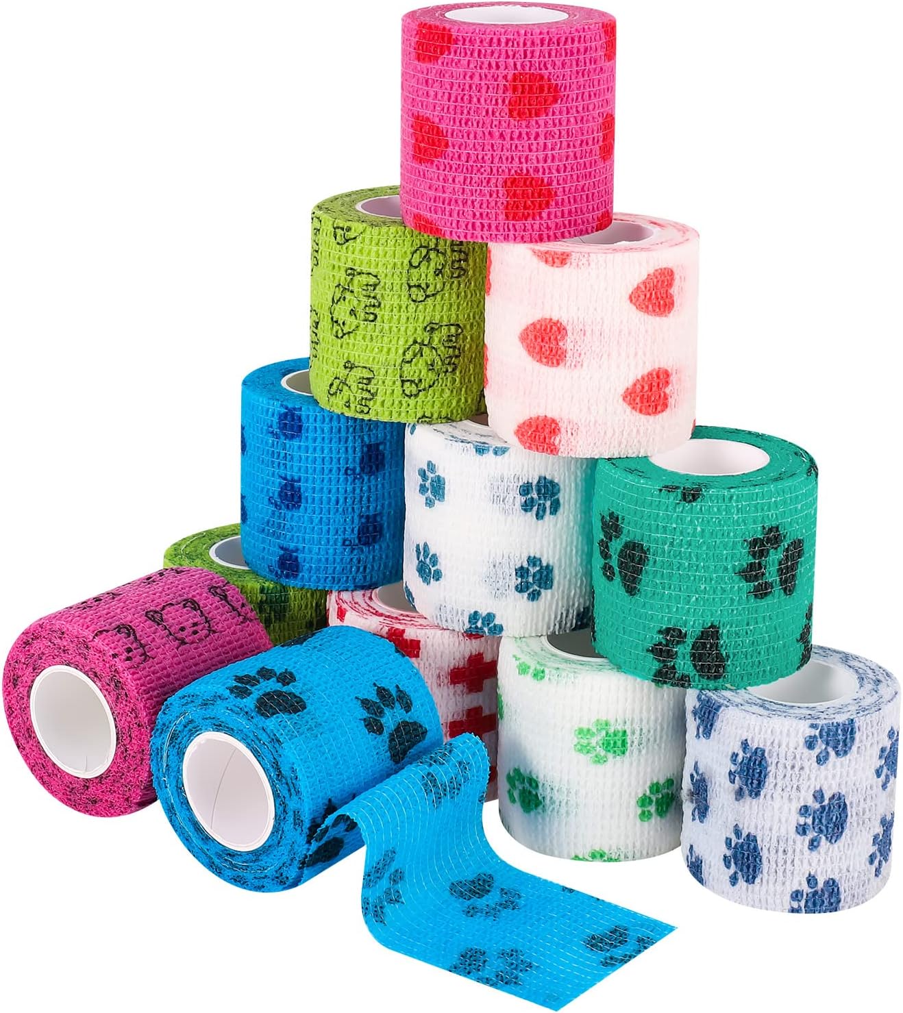 12 Rolls Pet Self Adhesive Bandage, 2" x 5 yd Elastic Bandages,Pet Tape Non-Woven Cohesive Gauze Rolls for Dog Cat Animals, First Aid Wrap for Wrist Healing Ankle Sprain & Swelling