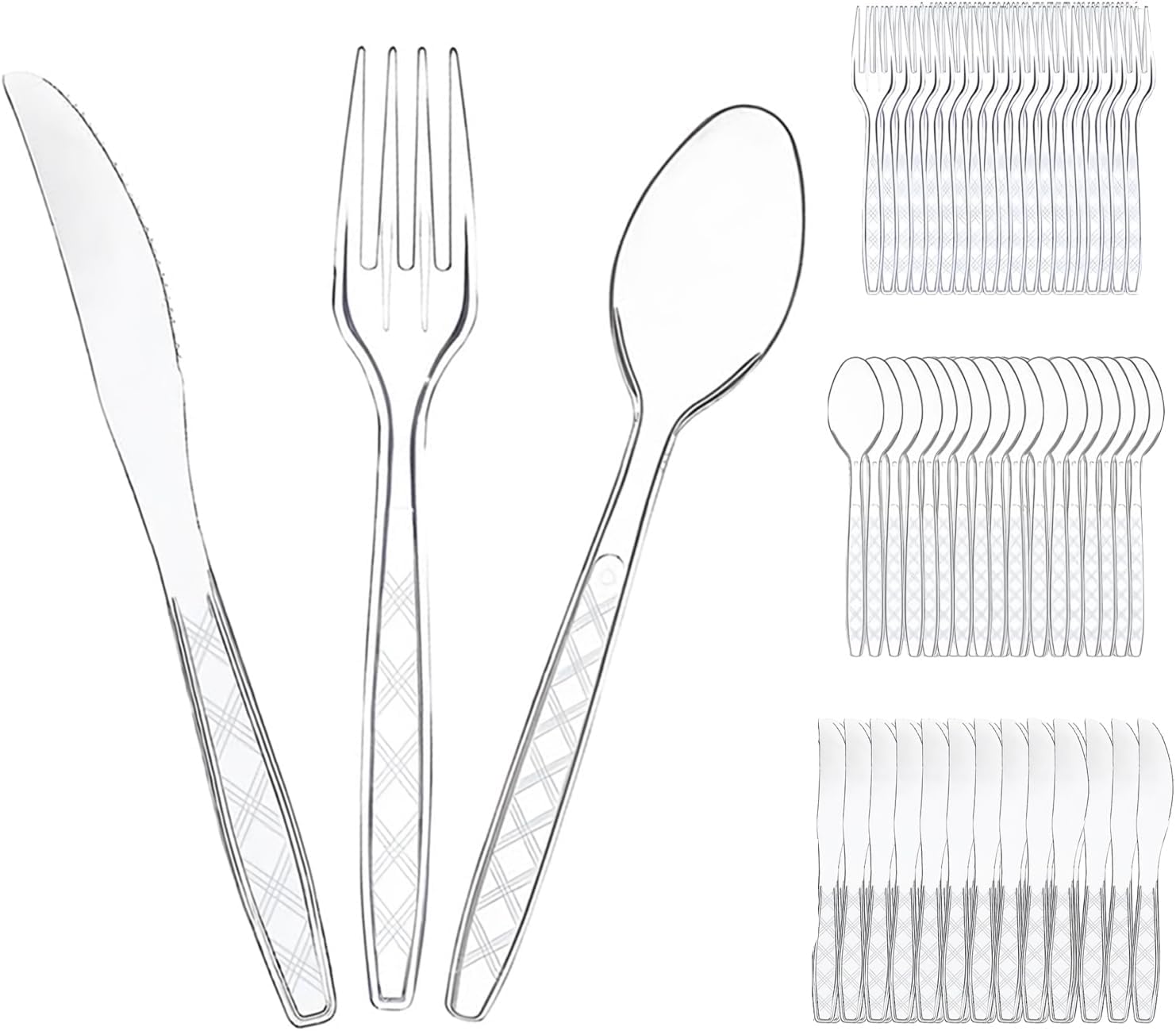Clear Plastic Cutlery Set 150 PCS, Disposable Cutlery Set - 50 Forks, 50 Spoons, 50 Knives, Reusable Plastic Silverware for Birthday Party Supplies