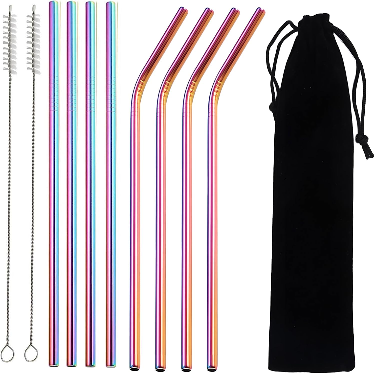 8 Pcs Reusable Metal Straws, Stainless Steel Straws 8.5 Inch Drinking Straw, 4 Straight, 4 Bent Straws with 2 Cleaner Brush