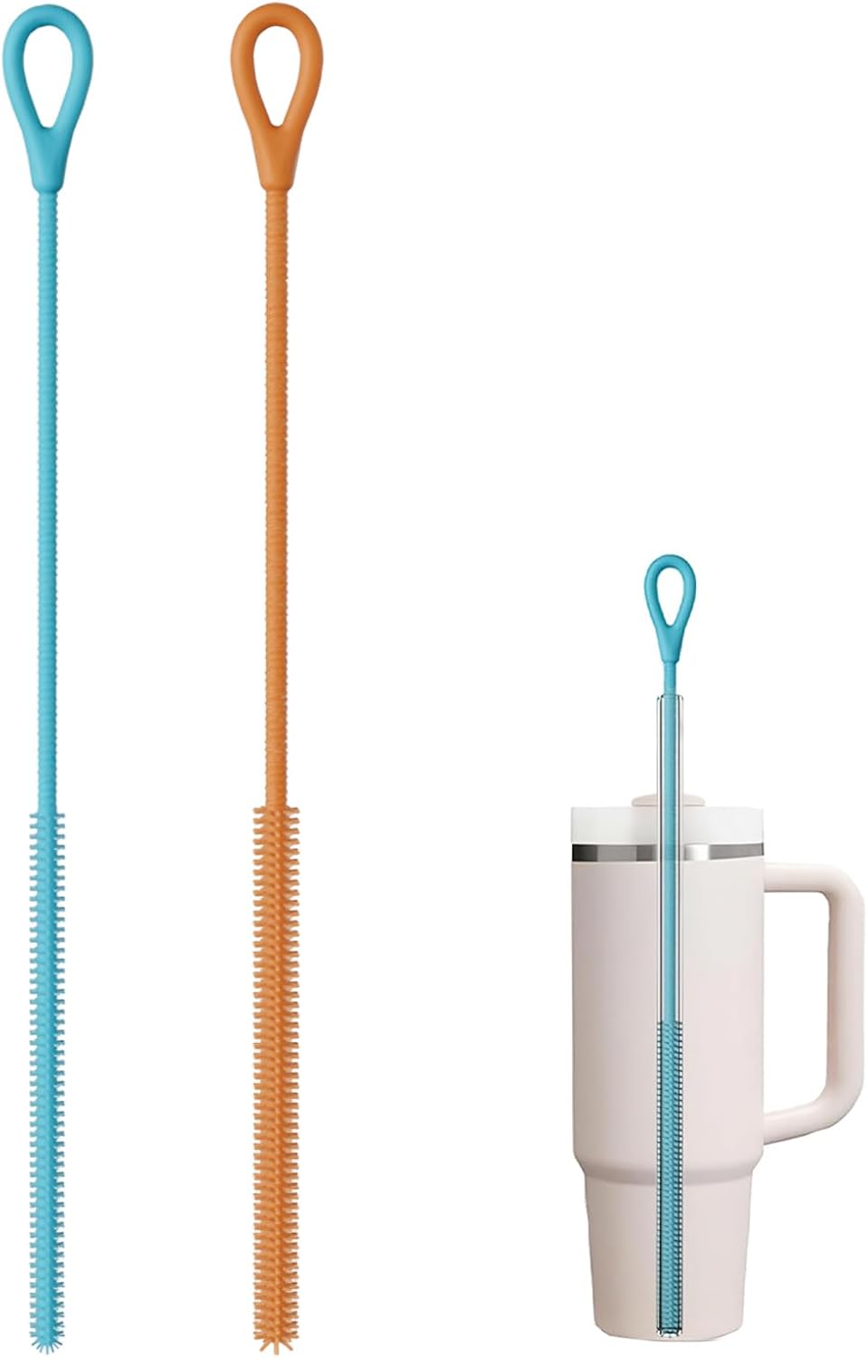 2Pcs Silicone Straw Cleaner Brush, 9.84 Inch Extra Long Straw Brush, Reusable Pipe Crevice Cleaning Brushes with Bendable Steel core (Blue, Orange)
