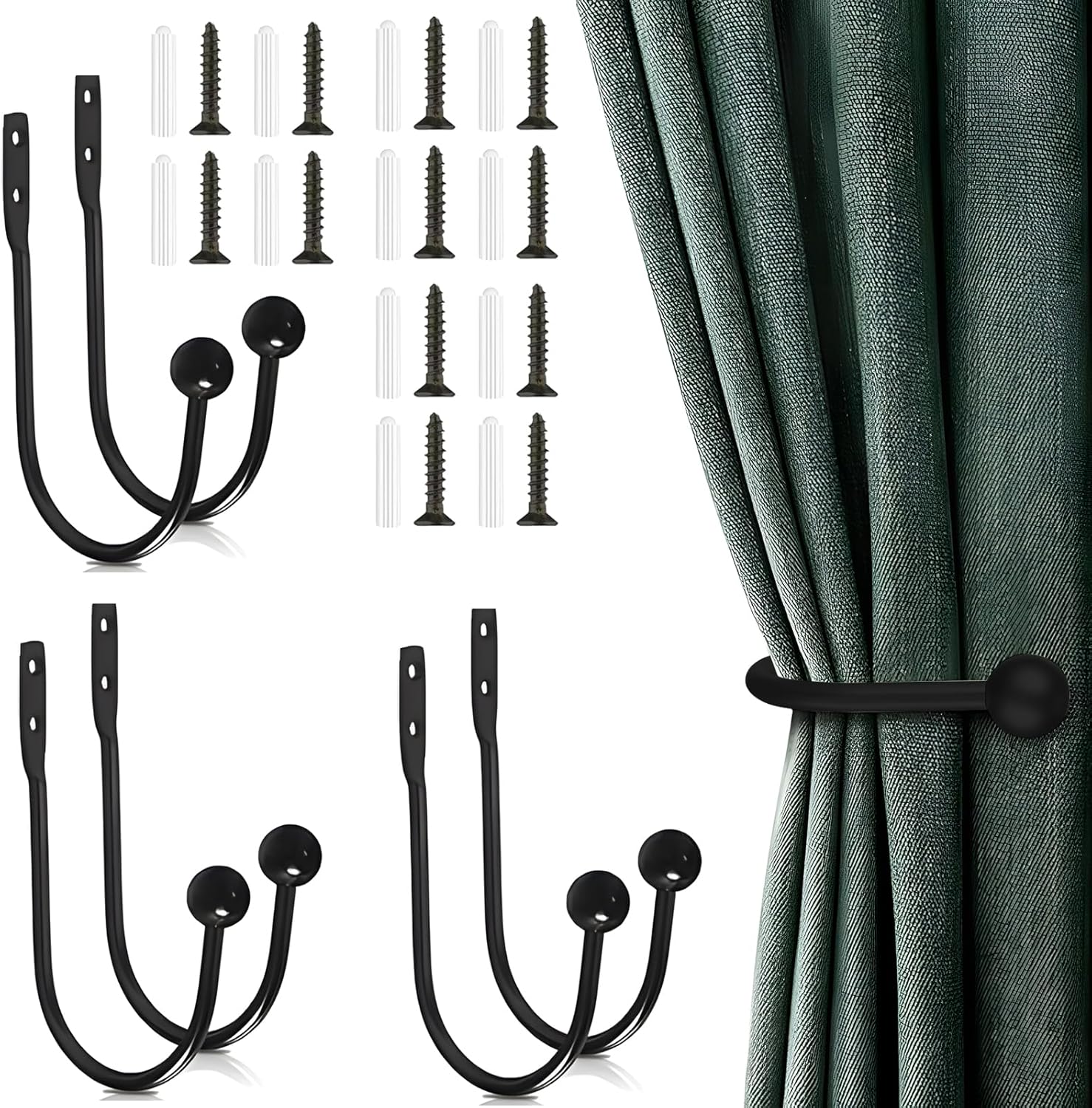 6 Pcs Curtain Holdbacks Curtain Tiebacks, U Shaped Curtain Hooks Wall Mount Window Curtain Holder (Black)
