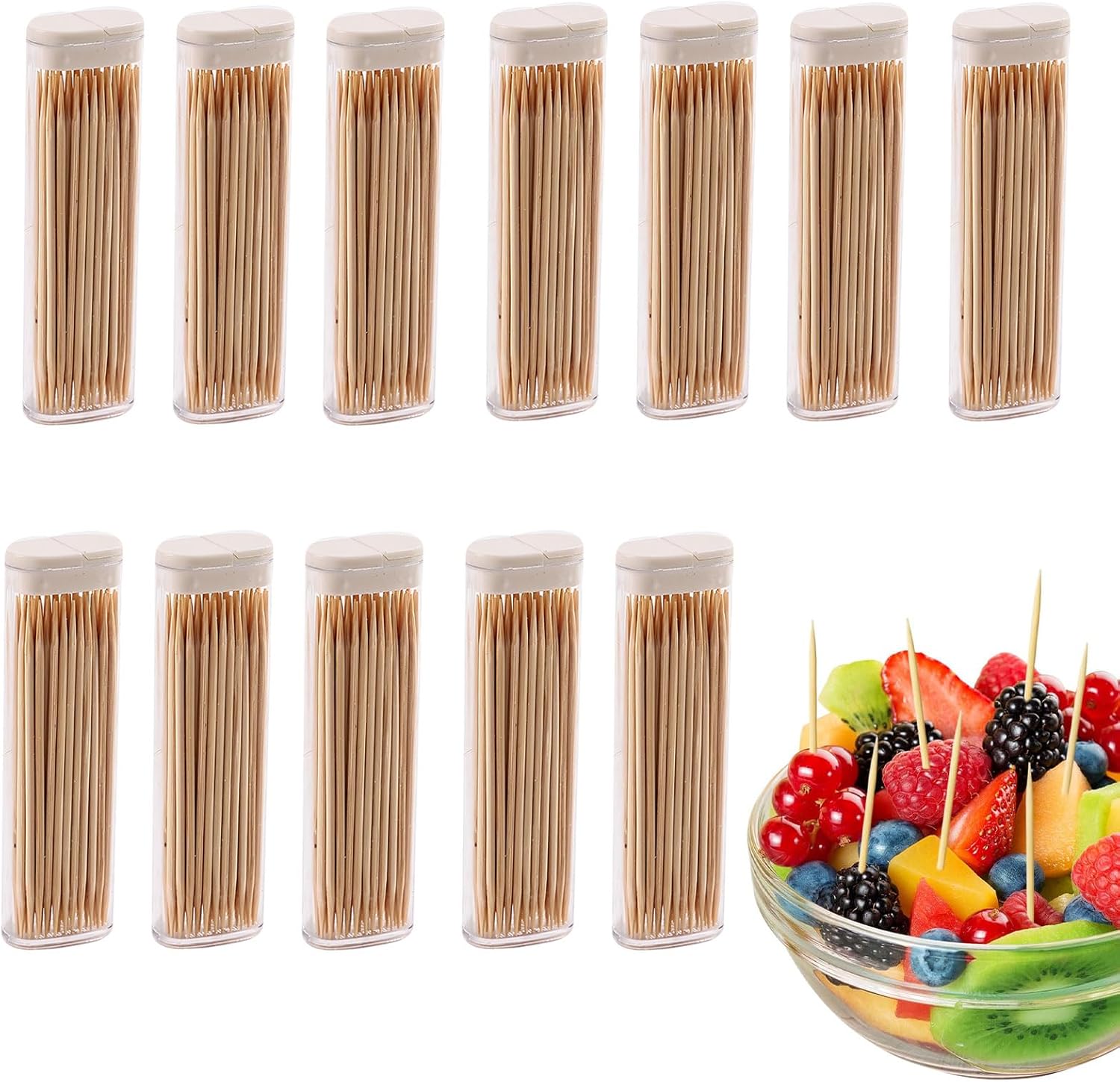 Bamboo Wooden Toothpicks, Sturdy Toothpick Holder Portable Toothpick Dispenser for Travel, Outdoor, Personal Hygiene, Teeth Cleaning, Appetizer Skewers, Cocktail Sticks (600 Picks in 12 Bottles of 50)