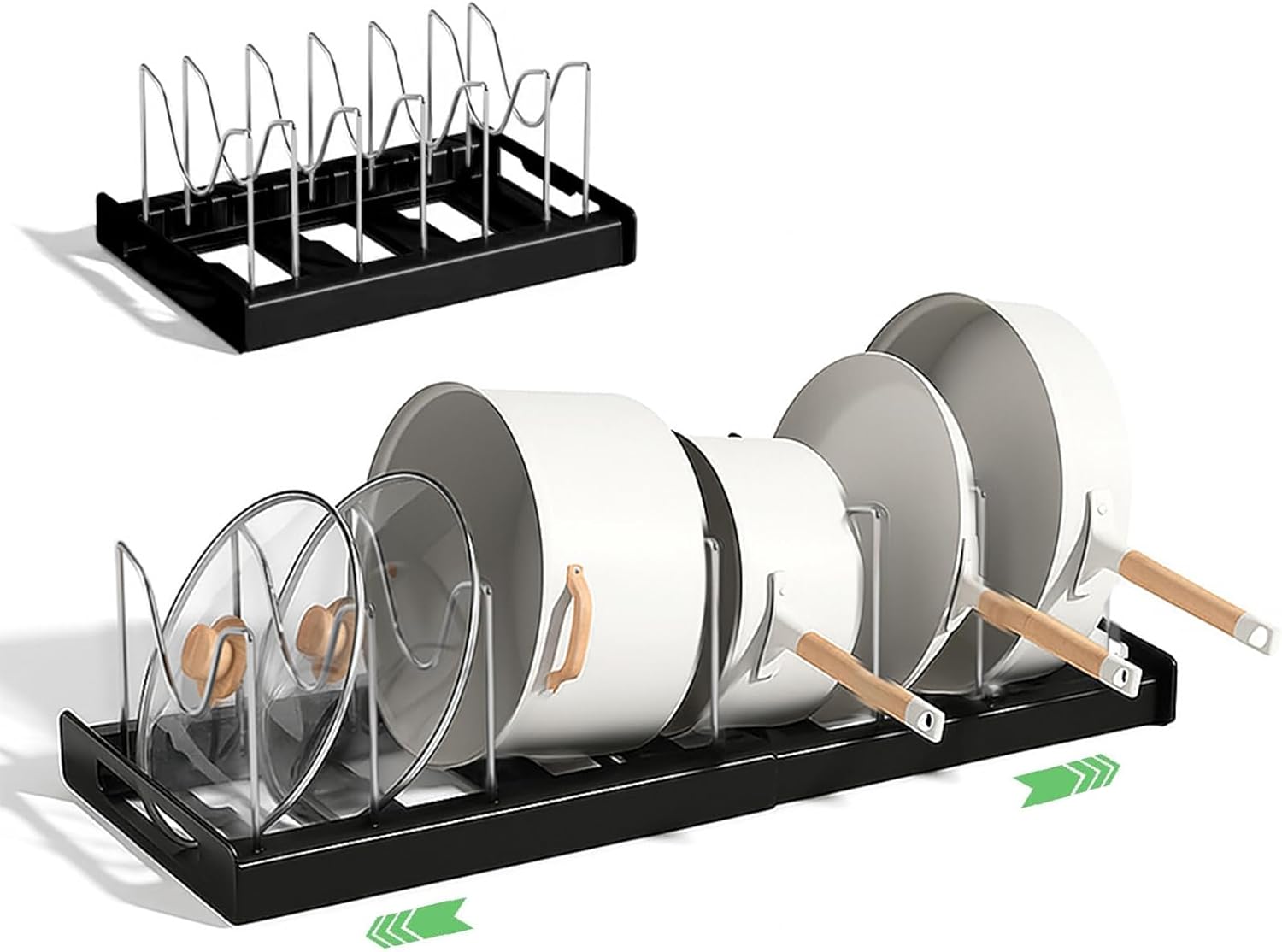 Pot and Pan Organizer Rack for Cabinet, Expandable Pot Lid Kitchen Cabinet Organizer, Pan Holder Storage Rack with 7 Adjustable Compartment for Pot Lid, Cutting Board, Pan