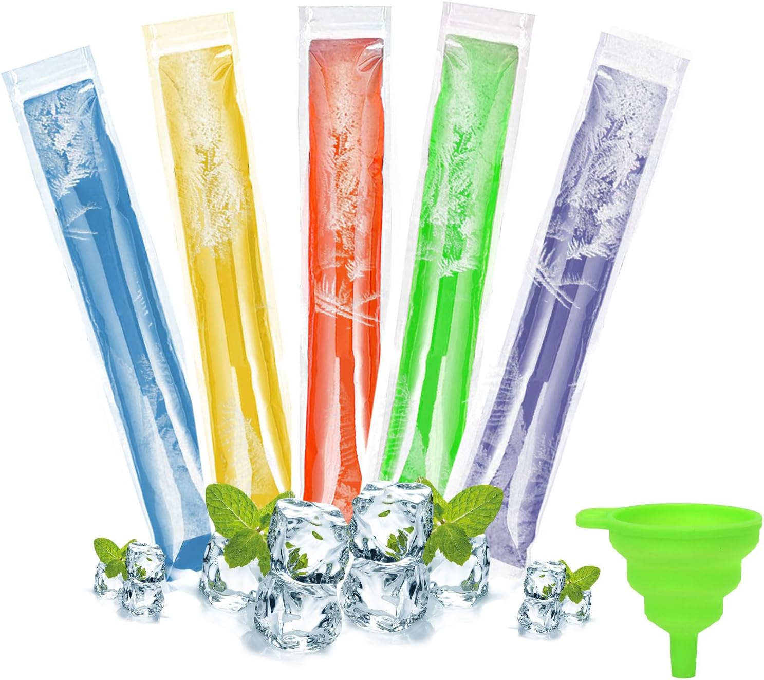 100 Pcs Disposable Ice Popsicle Mold Bags, Food Grade Freezie Sleeves Bags with Silicone Funnel, Pop Molds Bag for Fruit Snacks Yogurt Sticks Juice Smoothies Candy, Zip Seals, BPA Free