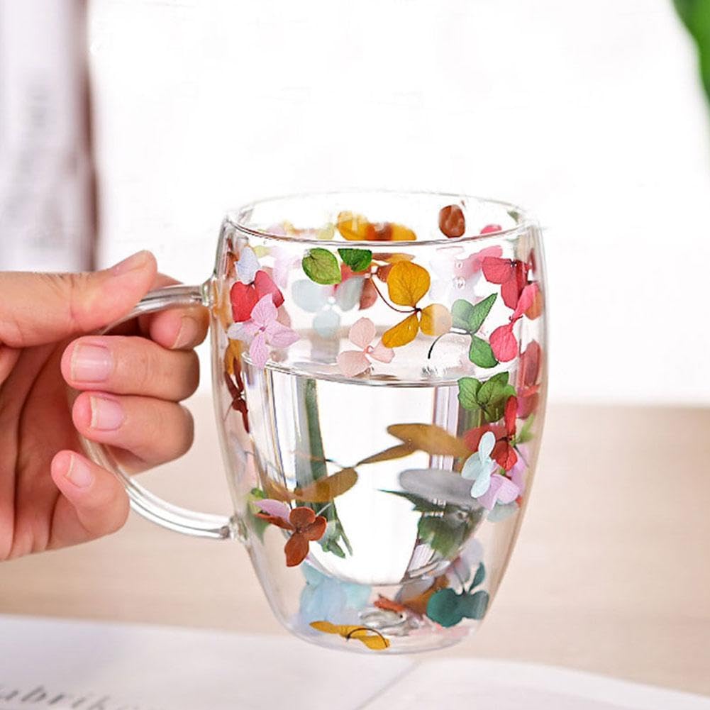 Dried Flowers Double Wall Glass Coffee Mugs,Insulated Heat Resistant Glass Cup with Dried Flower,Dried Flowers Mugs for Hot Beverages,Kitchen,Cappuccino,Gifts for Women