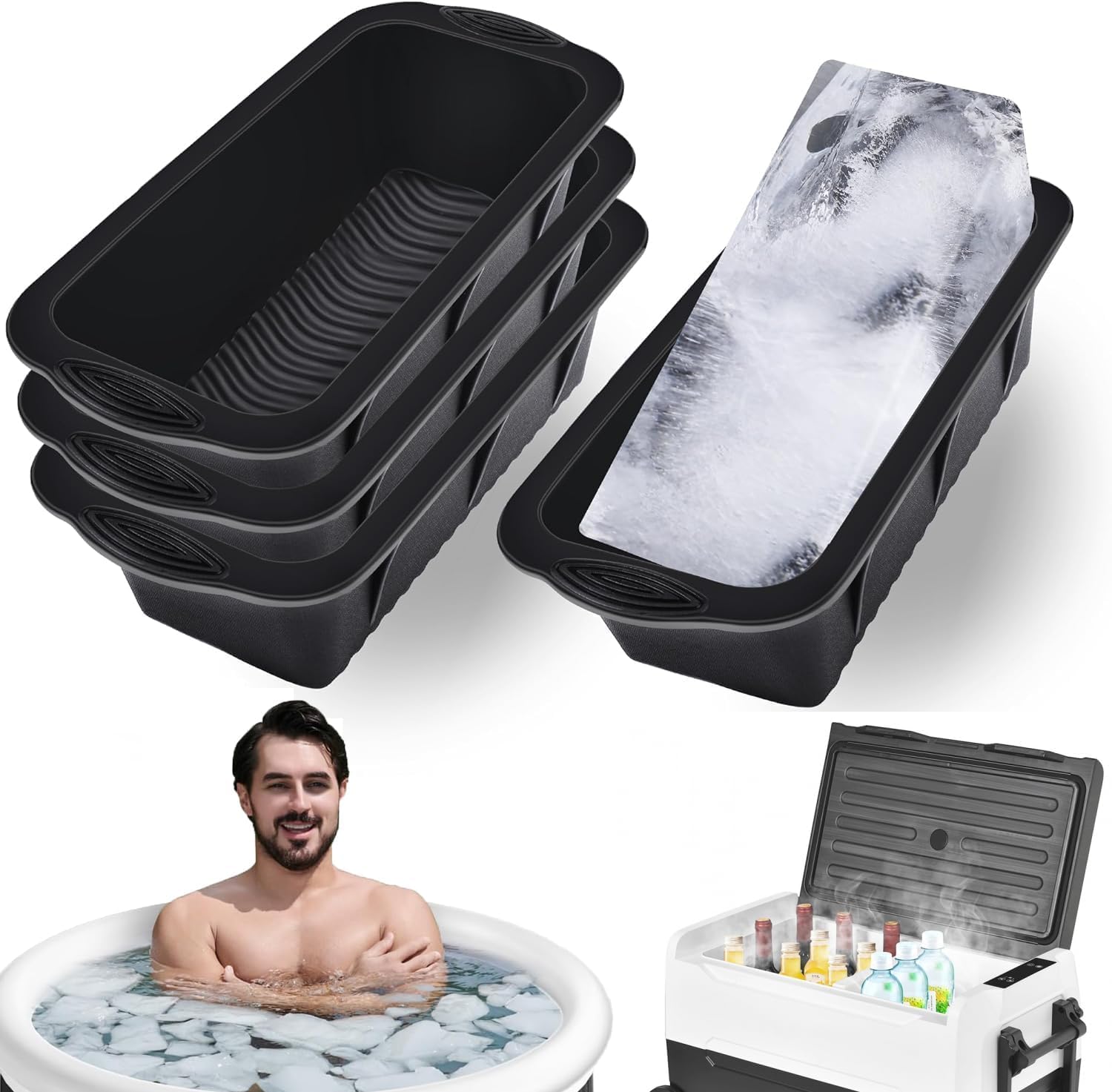Extra Large Ice Block Mold for Ice Bath, 4 Pack 8.8lb Big Ice Cube Molds, Silicone Ice Bath Accessories Water Chiller for Cold Plunge or Coolers, Durable & Reusable Ice Cube Tray(Black)