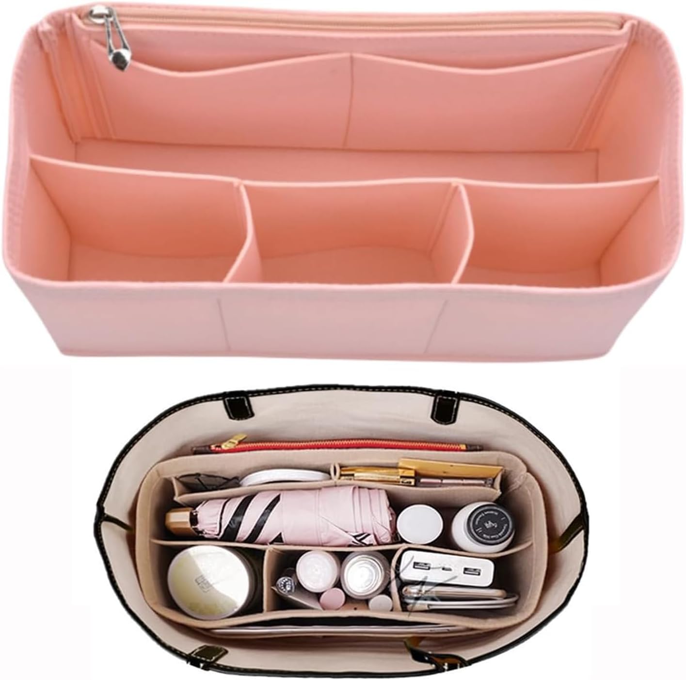 Organizer Insert for Tote Bag - Softened Felt Purse Insert With Storage Container, Makeup Organizer, Inner Rubber Liner for Speedy, Handbag, Beach Bag