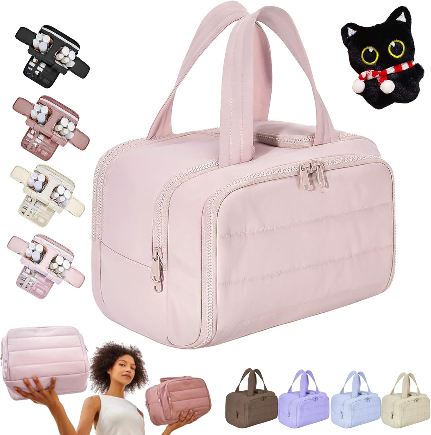 Elouva Toiletry Bag, Elouva Large Capacity Wide-Open Travel Cosmetic Bag, 0.6lb Lightweight Toiletry Bag for Women, Waterproof & Wide Opening Toiletry Organizer for Traveling, Toiletries (Pink)
