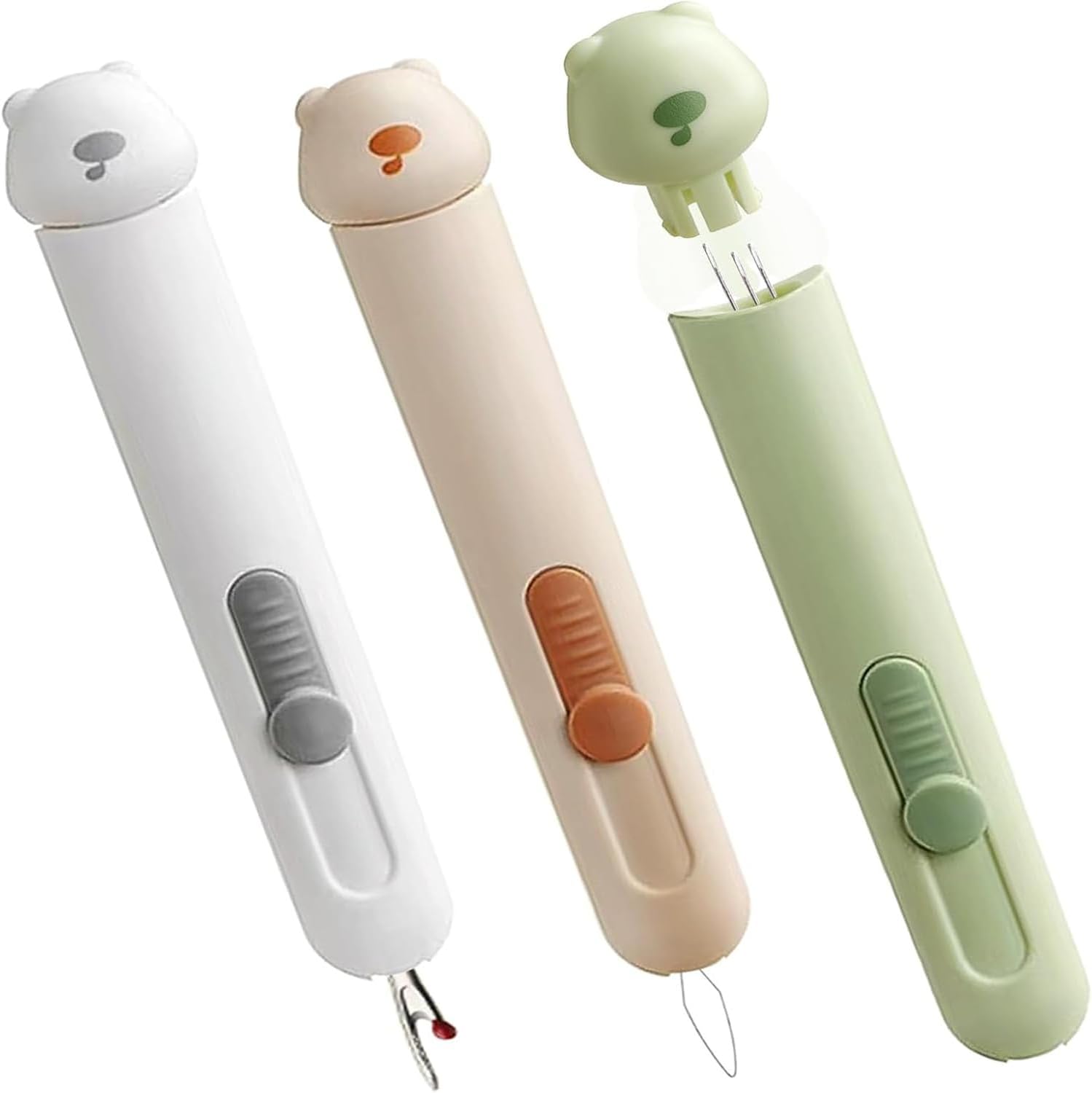 3 Pcs 3 in 1 Automatic Needle Threaders and Seam Ripper with Stainless Steel Blade for Hand Sewing, Knitting, Embroidery, Multifunctional Sewing Tool for Crafts Quilting Supplies (Green&Gray& Cream)