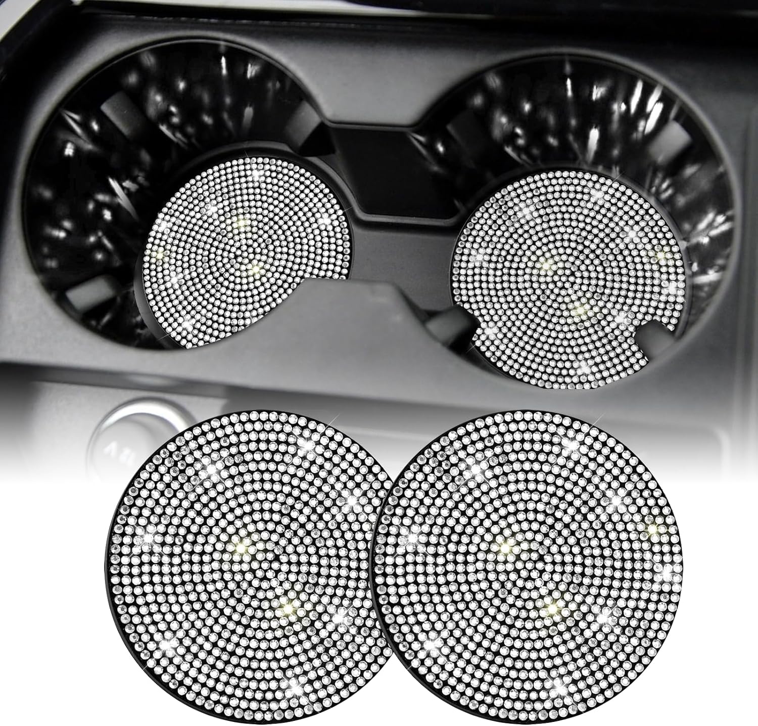 Bling Cup Holder Coasters for Car, 2PCS Universal Non-Slip Holder, Embedded Decorative Coasters, Shiny Crystal Car Interior Accessories Gifts Women (White) White