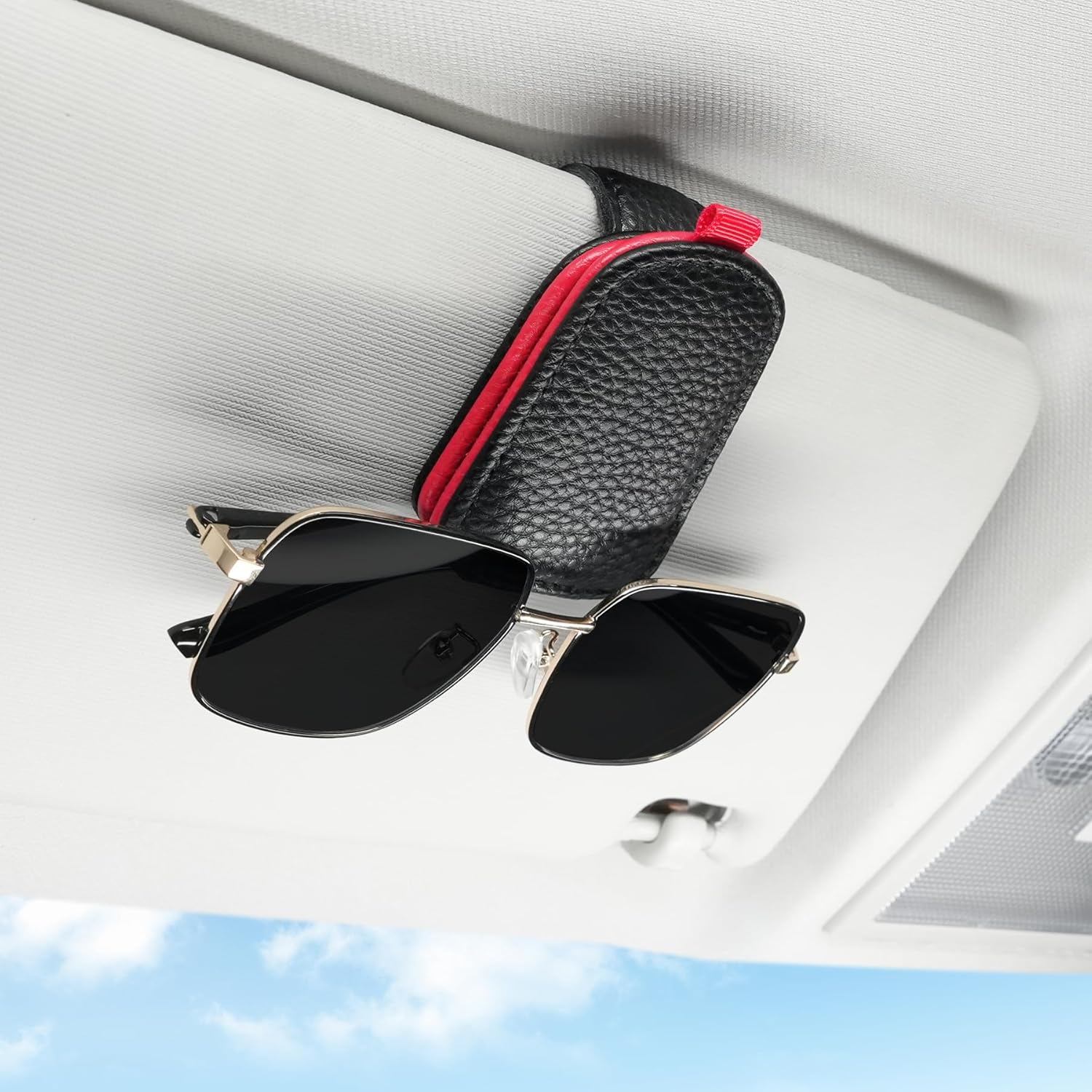 Sunglasses Holder for Car, Leather Magnetic Buckle Sun Visor Sunglass Clip, Ticket Card Storage Glasses Car Interior Accessories Men and Women（Black-red） Black-Red 1PCS