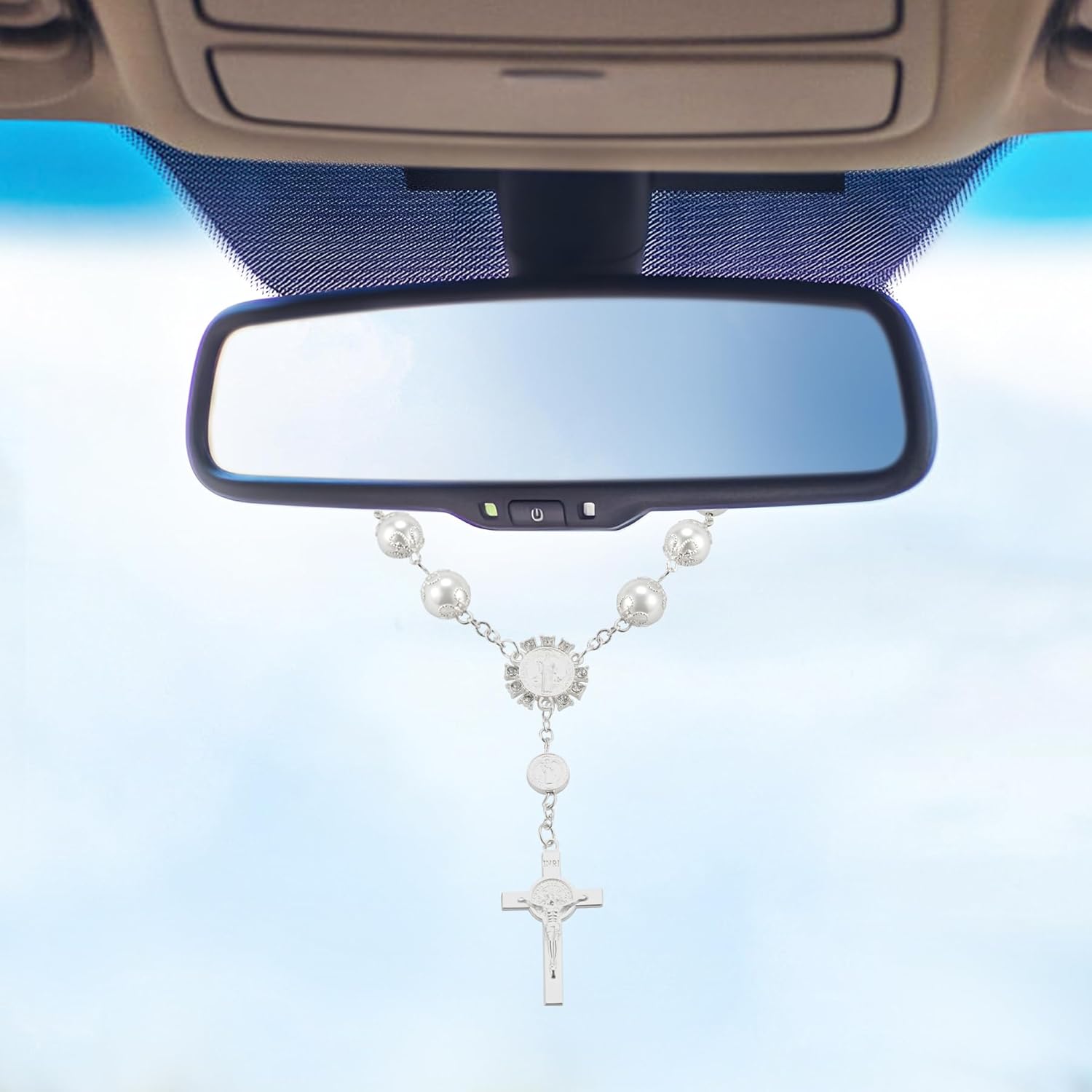 Rearview Mirror Hanging Decor - Pearl & Cross Car Charm, Religious Rosary Pendant with Glittering Beads, Faith-Inspired Auto Accessories for Women Men, Interior