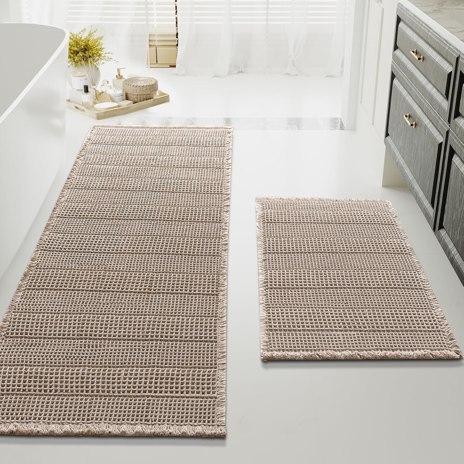 Waffle Bath Mat Super Absorbent Bathroom Mats Non Slip Rugs for Floor Machine Washable Ultra Soft Beside Tub, (32 x 20 Plus 24 60 - Inches, Irish Cream) Cream 20" 32" 24" 60"