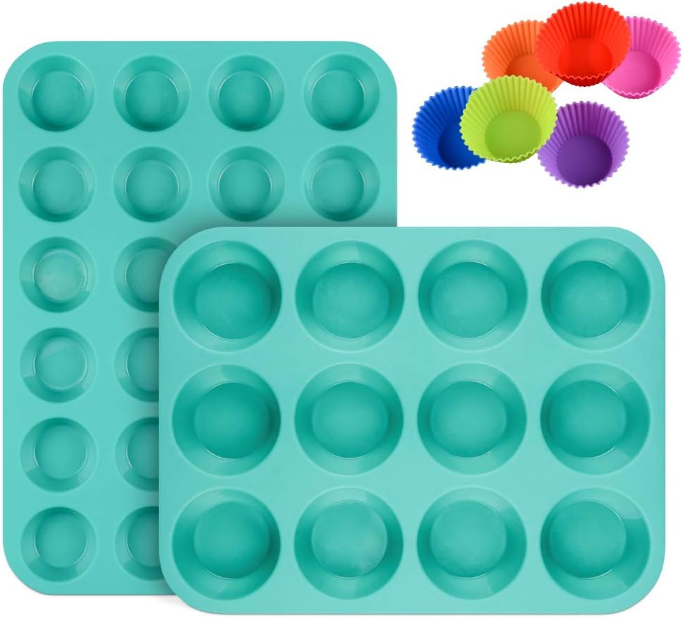 Silicone Muffin Pan Cupcake Set - Mini 24 Cups and Regular 12 Tin, Nonstick Food Grade Molds with Baking 12-Cup & 24-Cup