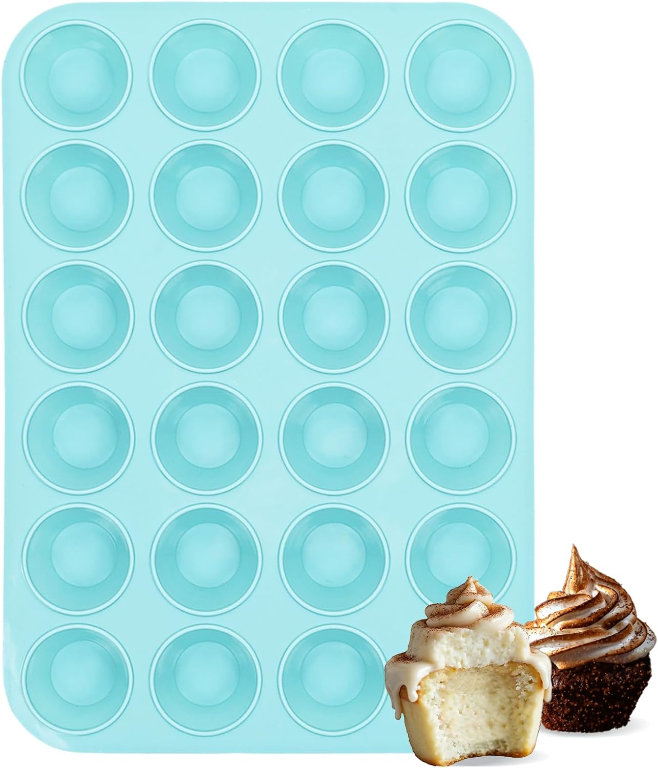 Silicone Mini Muffin Pan, 24 Cups Nonstick Cupcake Pan for Baking Muffin, Cupcake, Egg Bites, Fat Bomb, Light Blue -