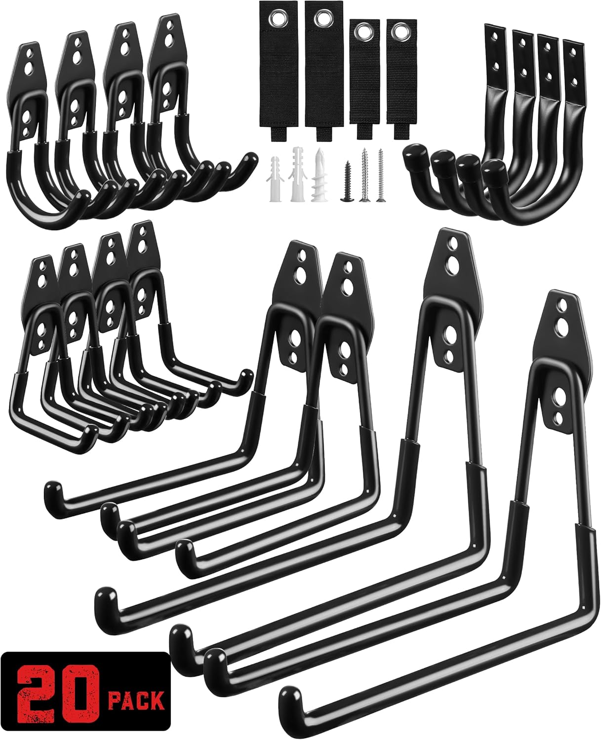 Garage Hooks, 20-Pack Steel Accessories for Organization and Storage, Heavy Wall Mount Duty Hooks with Anti-Slip Coating Hanging Ladder, Bike, Power Tools More Tools, Black -