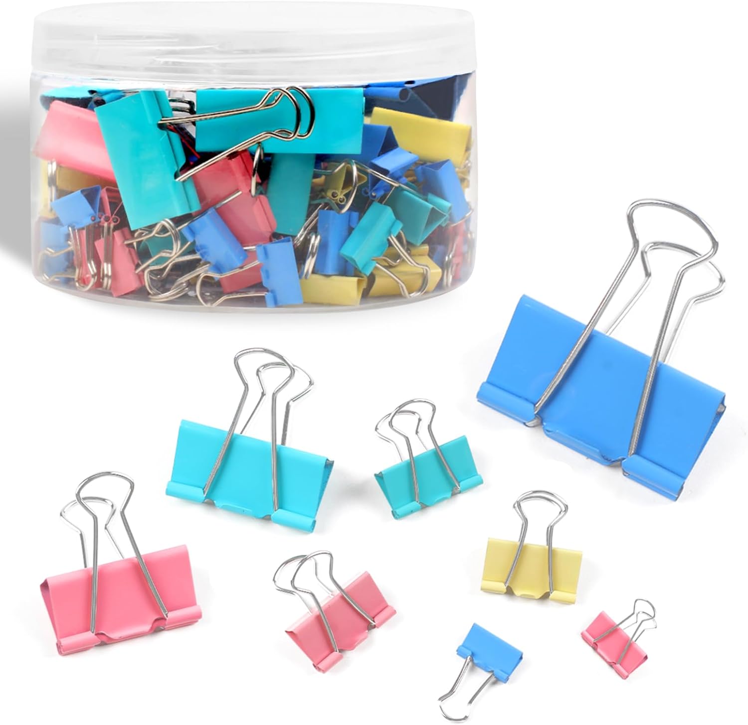 125Pcs Binder Clips Colored, Assorted Sizes, 6 Sizes Paper for Office Supplies/Home/School (Blue, Pink, Yellow, Green) Mixed Colors 125PCS