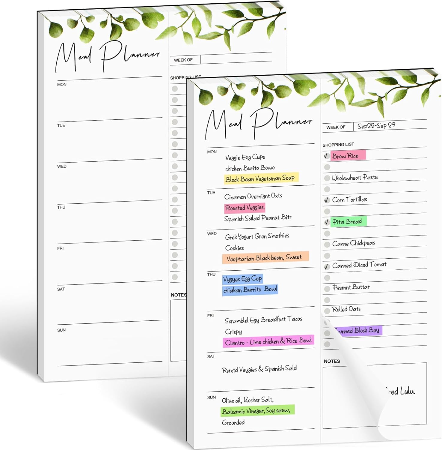 2 PCS Weekly Meal Planner Magnetic for Fridge 8.3x5.5”, Undated and Grocery List Tearable Shopping List, Menu Plan - 50 Pages/Book