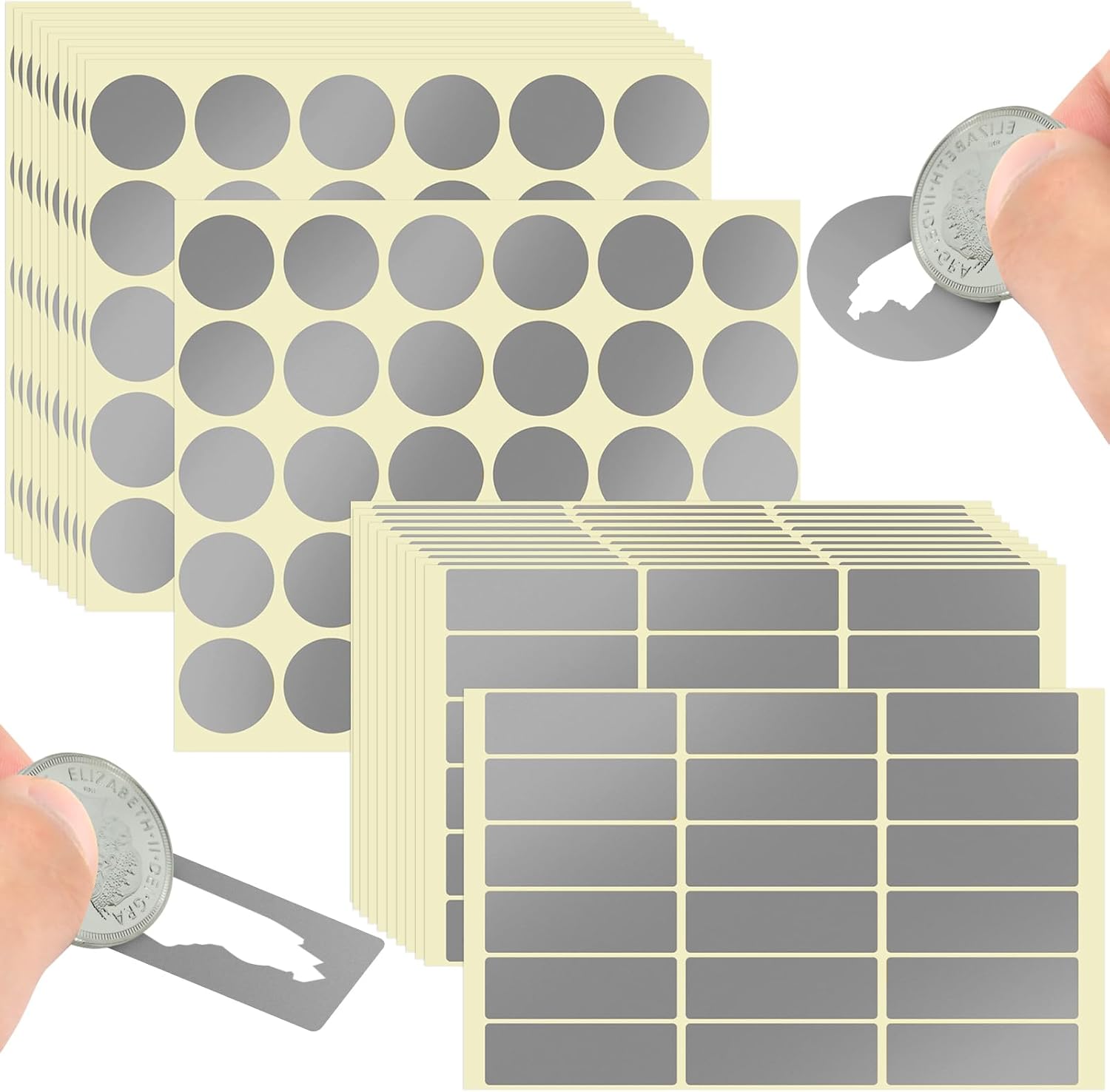900PCS Scratch Off Stickers 1 inch 450 Round & 1.9" x 0.6" Rectangles, Cards, Labels, DIY Reward Card, Game, Promotion, Raffle, 40 Sheets (Silver) Silver -
