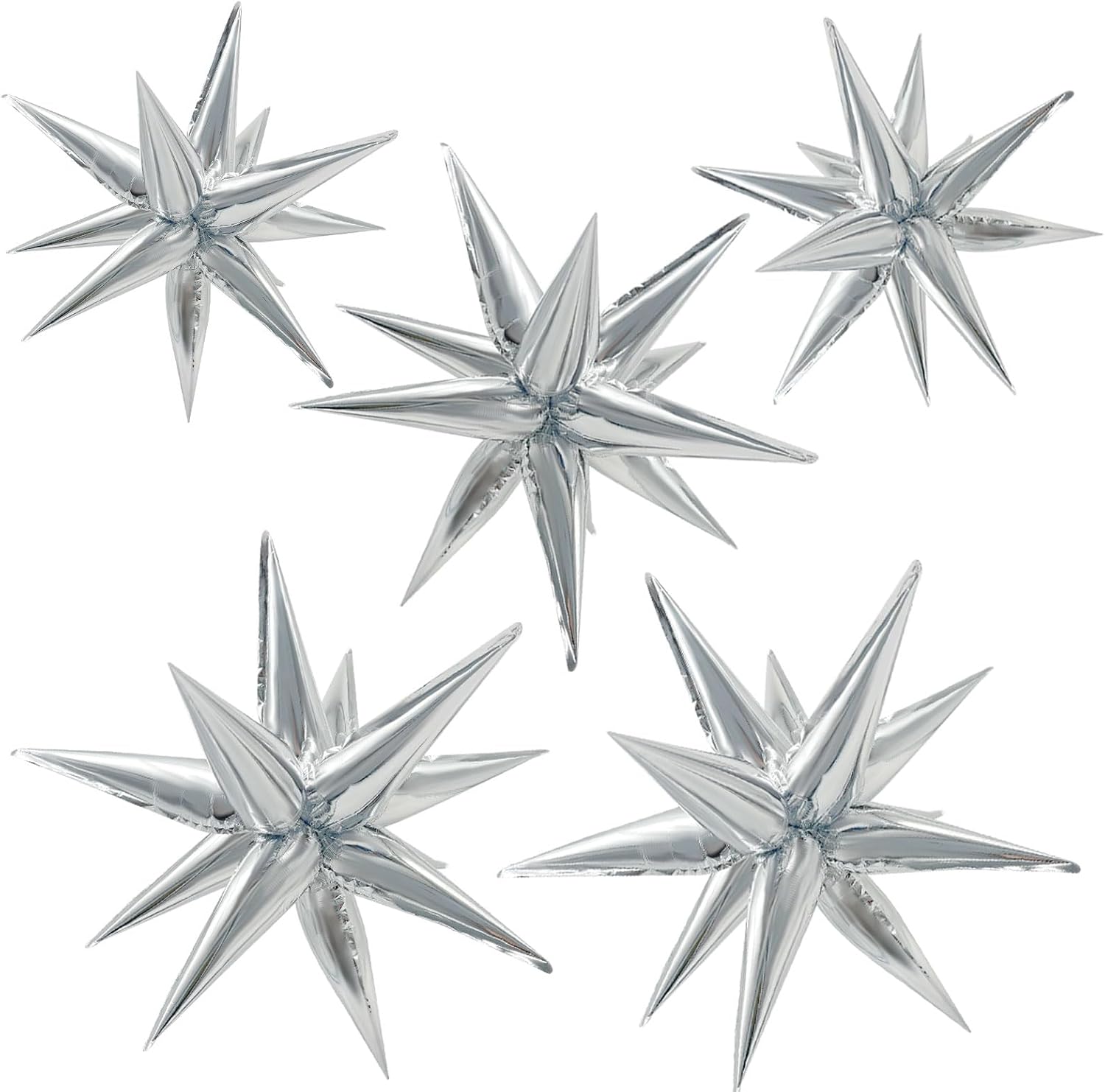 60Pcs Silver Star Balloons Birthday Decorations Explosion Mylar 12 Spike Balloon Large Foil Prom for Wedding Anniversary Christmas New Year Eve Party Backdrops Supplies -