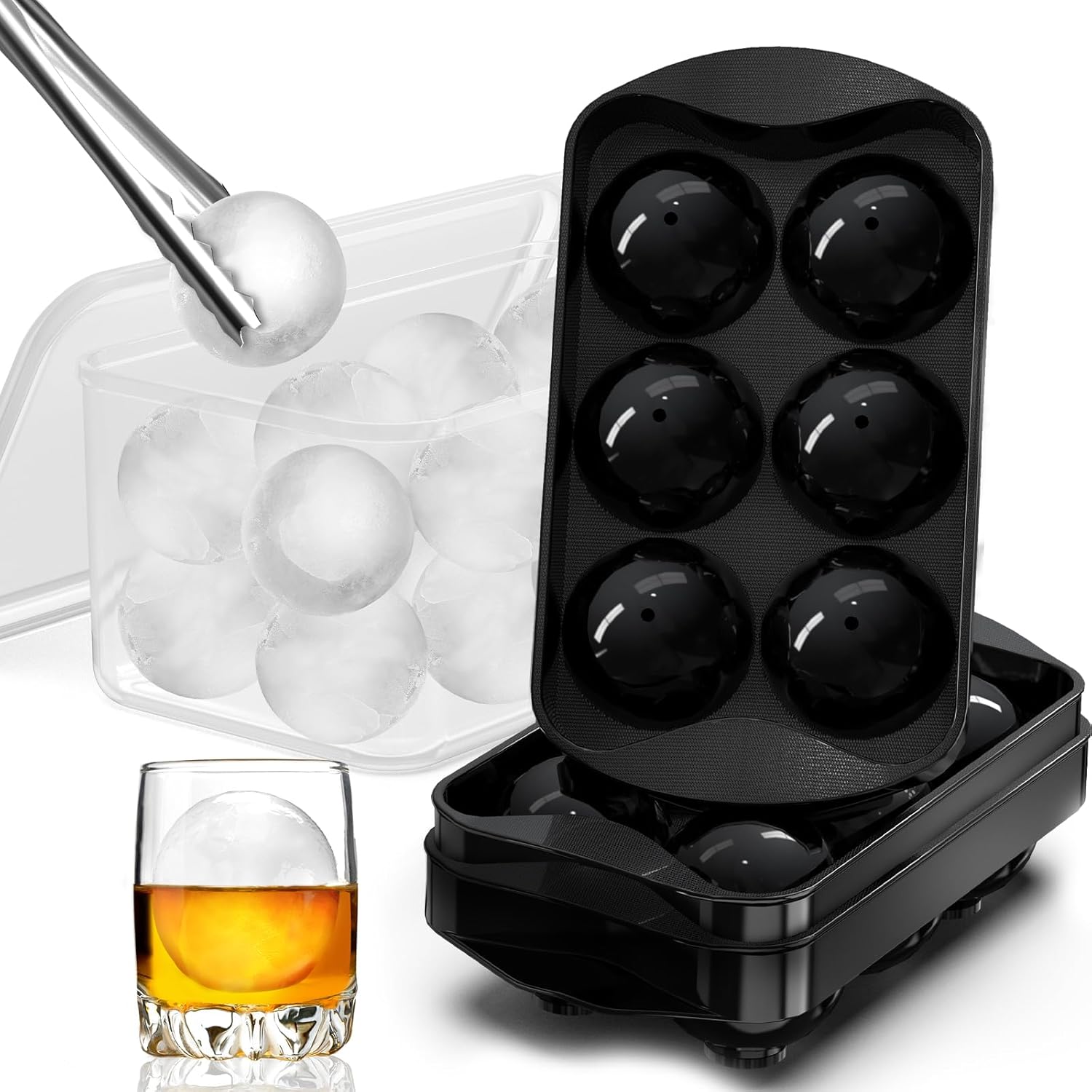 Whiskey Ice Cubes Mold 2 Pack - Round Cube & Ball Maker Set with Storage Bin, Trays Lid, Tongs for Bourbon Cocktails, Gifts Lover