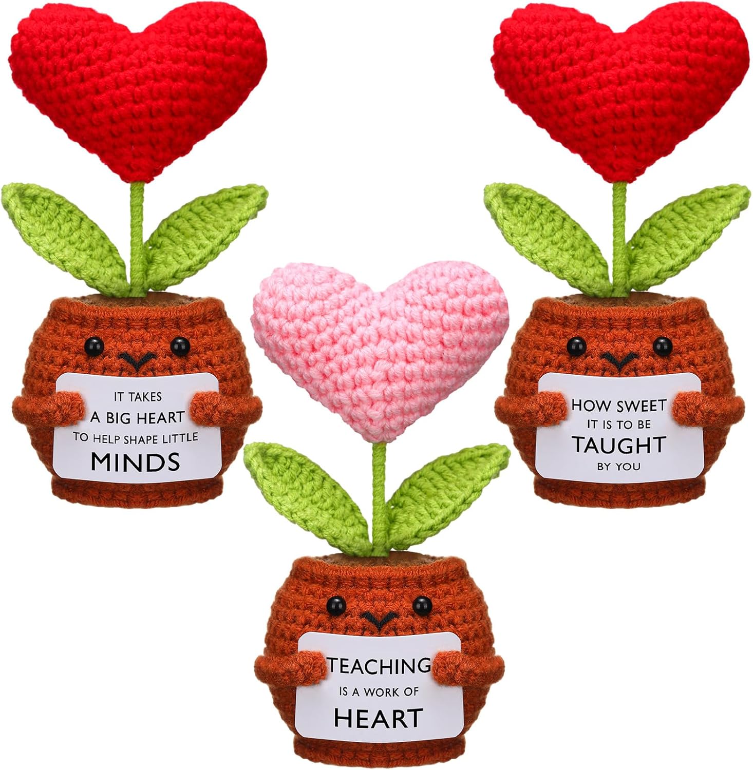 3 Pcs Teacher Appreciation Gifts Easter Gift Positive Flower Handmade Crochet Doll Thank You for Helping Me Grow Teachers Week(Heart) -