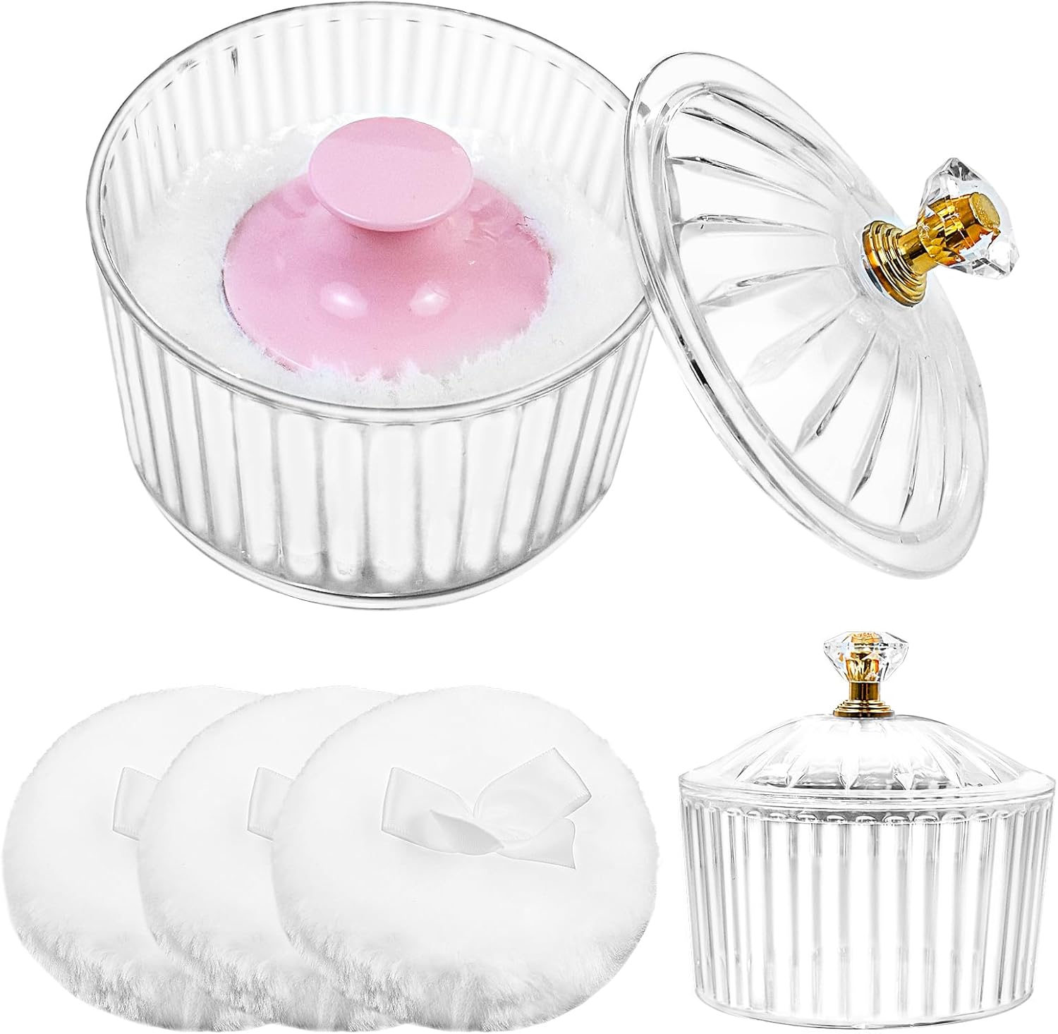 5Pcs Dusting Powder Container with Puff, 3.4 Inch Acrylic Body Containers Large Soft Puff Loose Reusable Applicator for Women Baby Face Makeup White-1 -