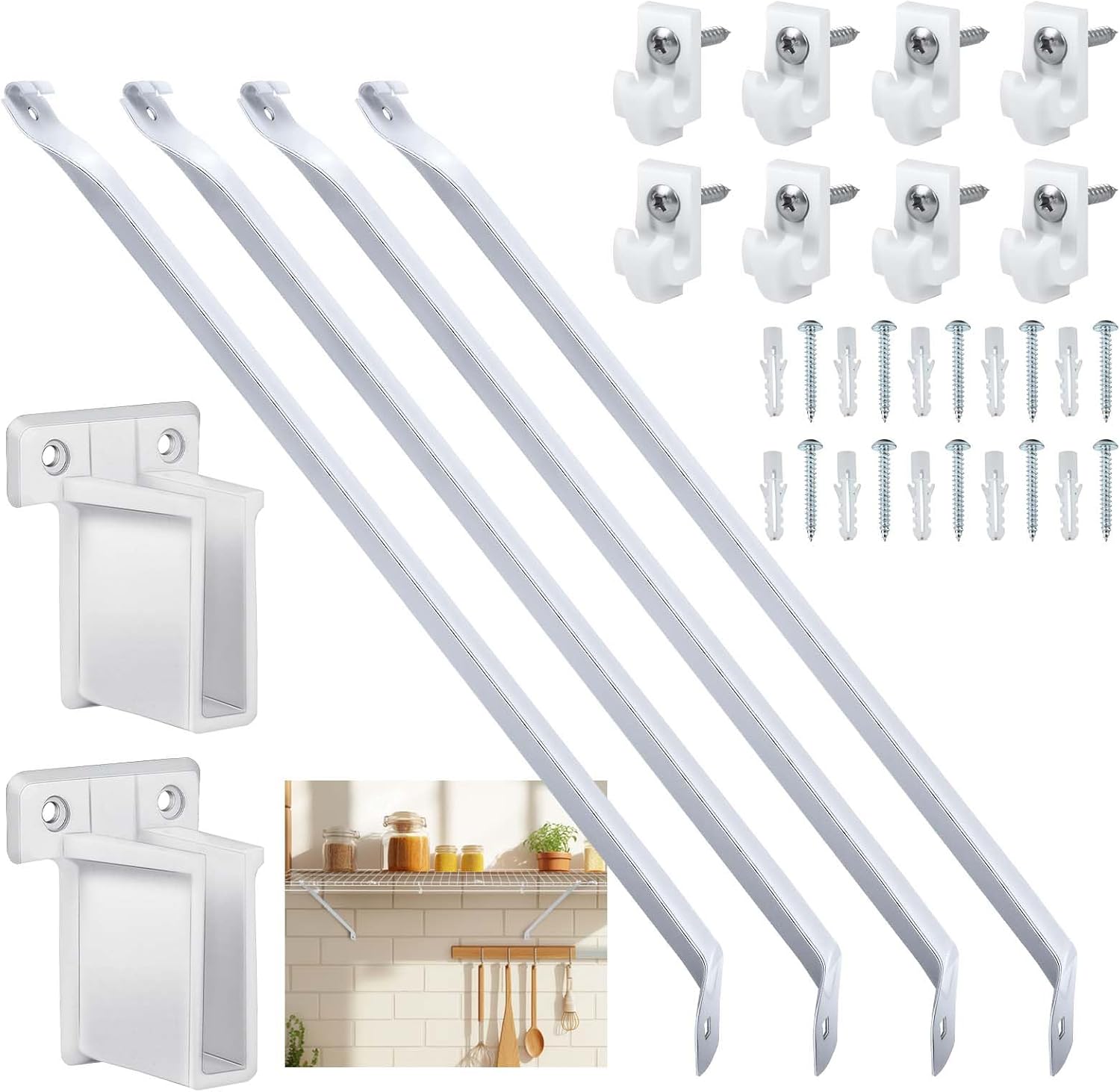 4pcs 12Inch Wire Shelf Brackets Set, Metal White Closet Support Bracket with End & Clips Hidden Wall Shelving Accessories for Shelves Racks (Shelf not Include) - 4 pack end bracket
