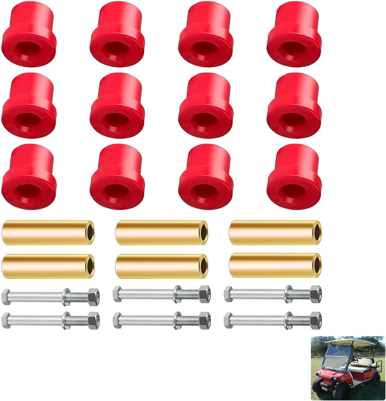 Golf Cart Bushings Kit for Club Car DS, Rear Spring Red Polyurethane Sleeves and Screw Set DS 1992-Up Gas Electric Models OEM 1015583 1012303 8755 -