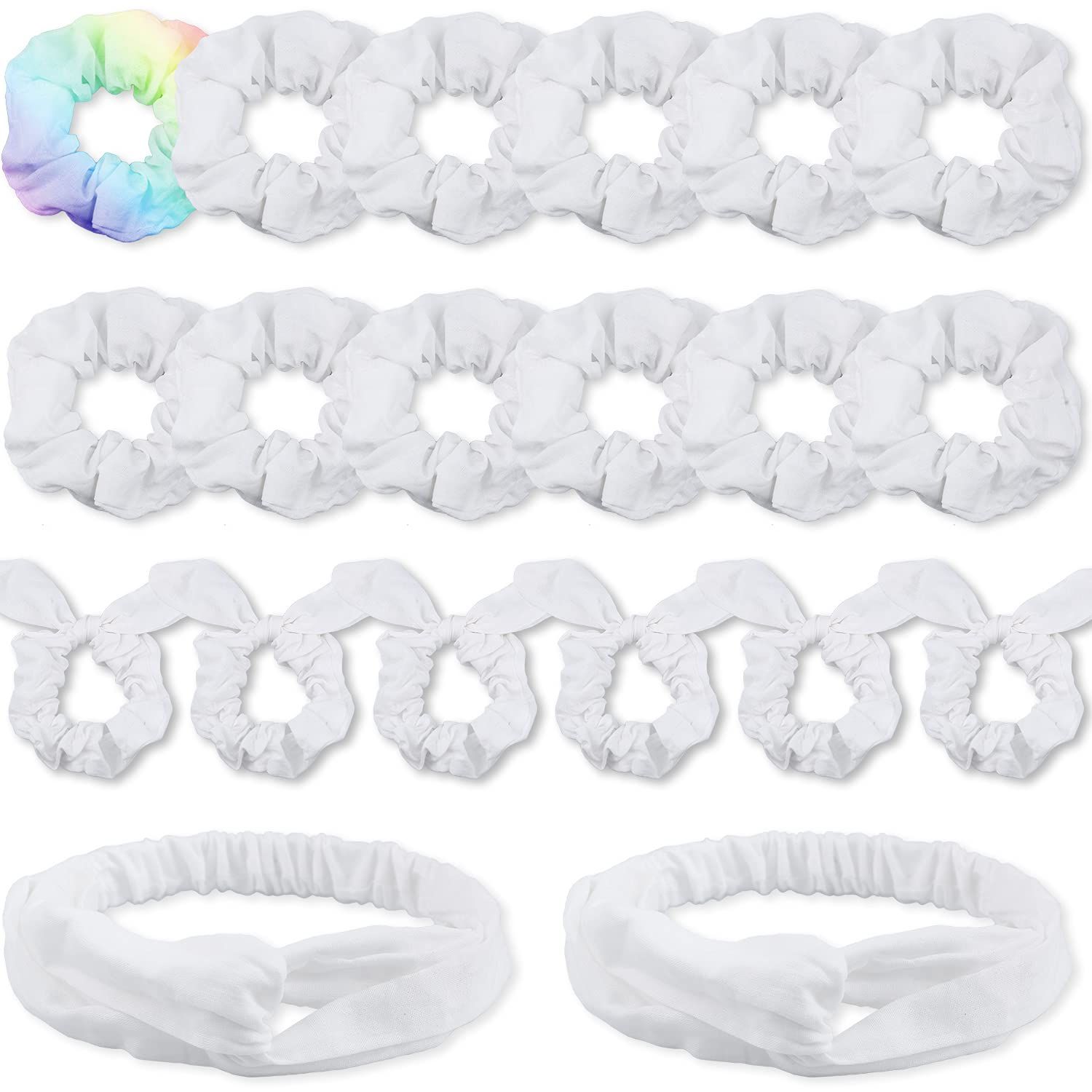 White Scrunchies or Tie Dye, DIY Cotton Bow Scrunchies, Headbands, 3 Kinds o Party Activities Hair Accessories or Girls and Women, 20 Pieces