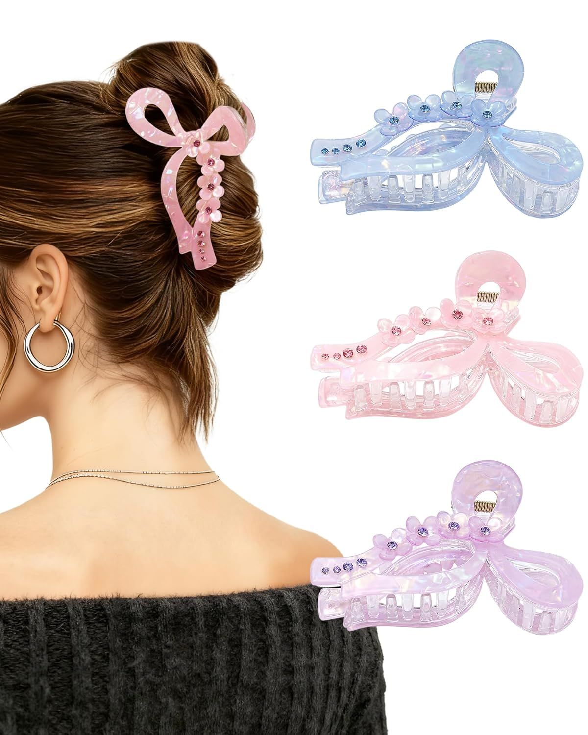 4.3" Acrylic Bow Hair Clips or Women Cute Bow Claw Clip 3PCS Large Hair Claw Clips or Thick or Long Hair Bows (Pink + Blue + Purple)