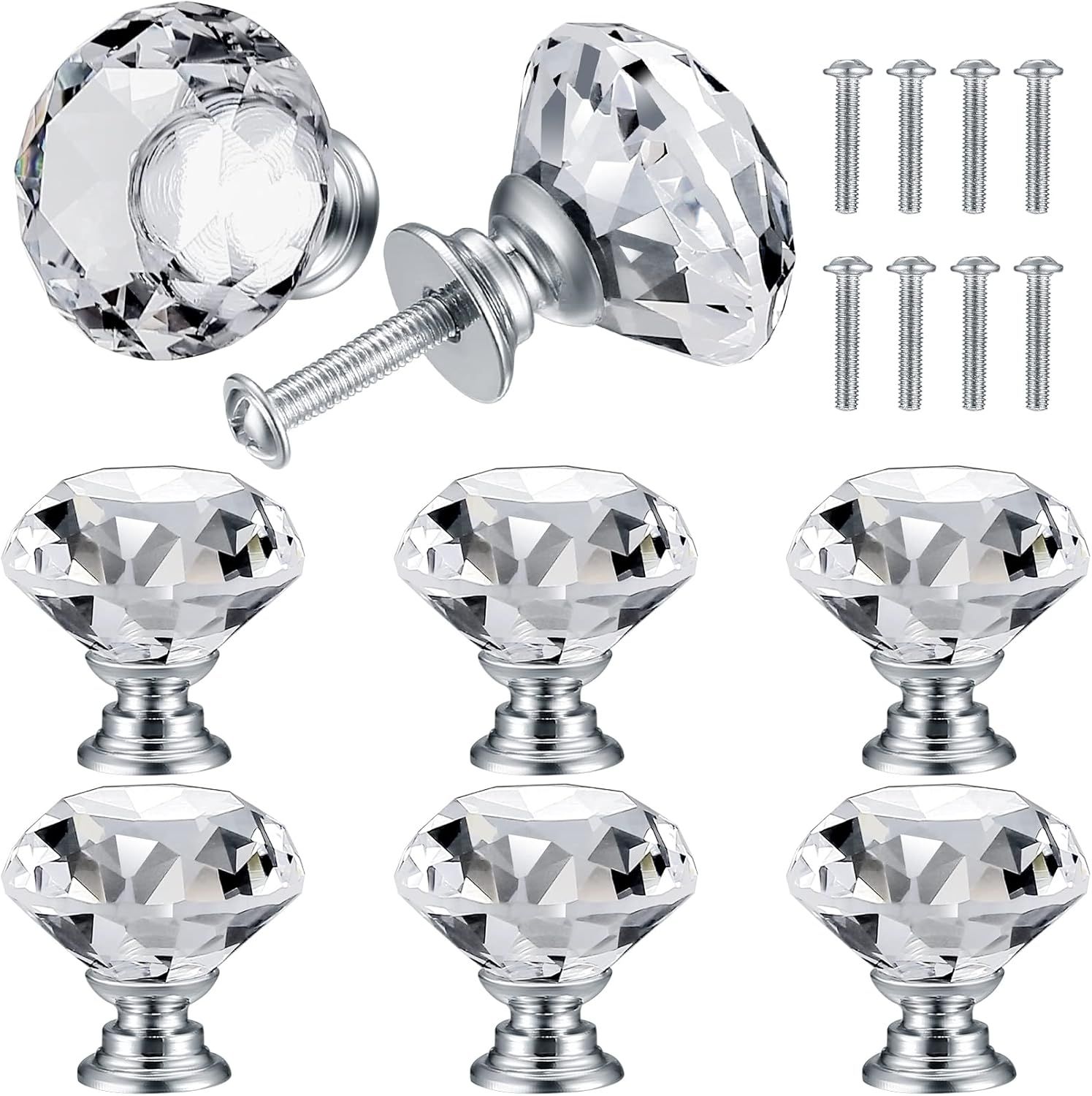 8 Pcs Crystal Cabinet Knobs, Decorative Diamond Shape Crystal Glass Dresser Knobs or Dresser Drawers Cupboard Wardrobe urniture Cabinet Pulls Handles Kitchen Bathroom Bedroom Knob(Silver, 30mm)