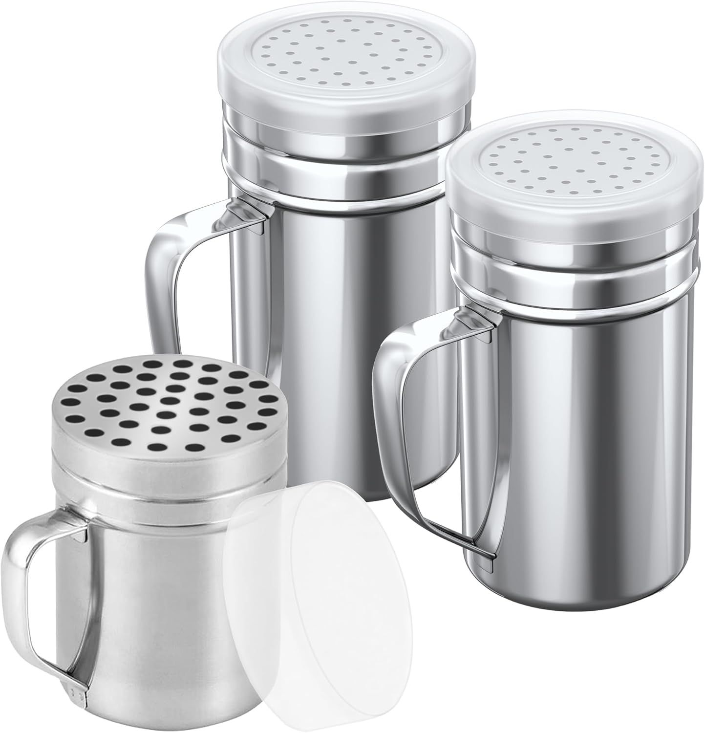 [1-pc] 6 oz Metal Parmesan Cheese Shaker (Large Holes) + [2-pcs] 14 oz Metal Salt Pepper Dredge Shakers - with Plastic Caps & Handles Bundle